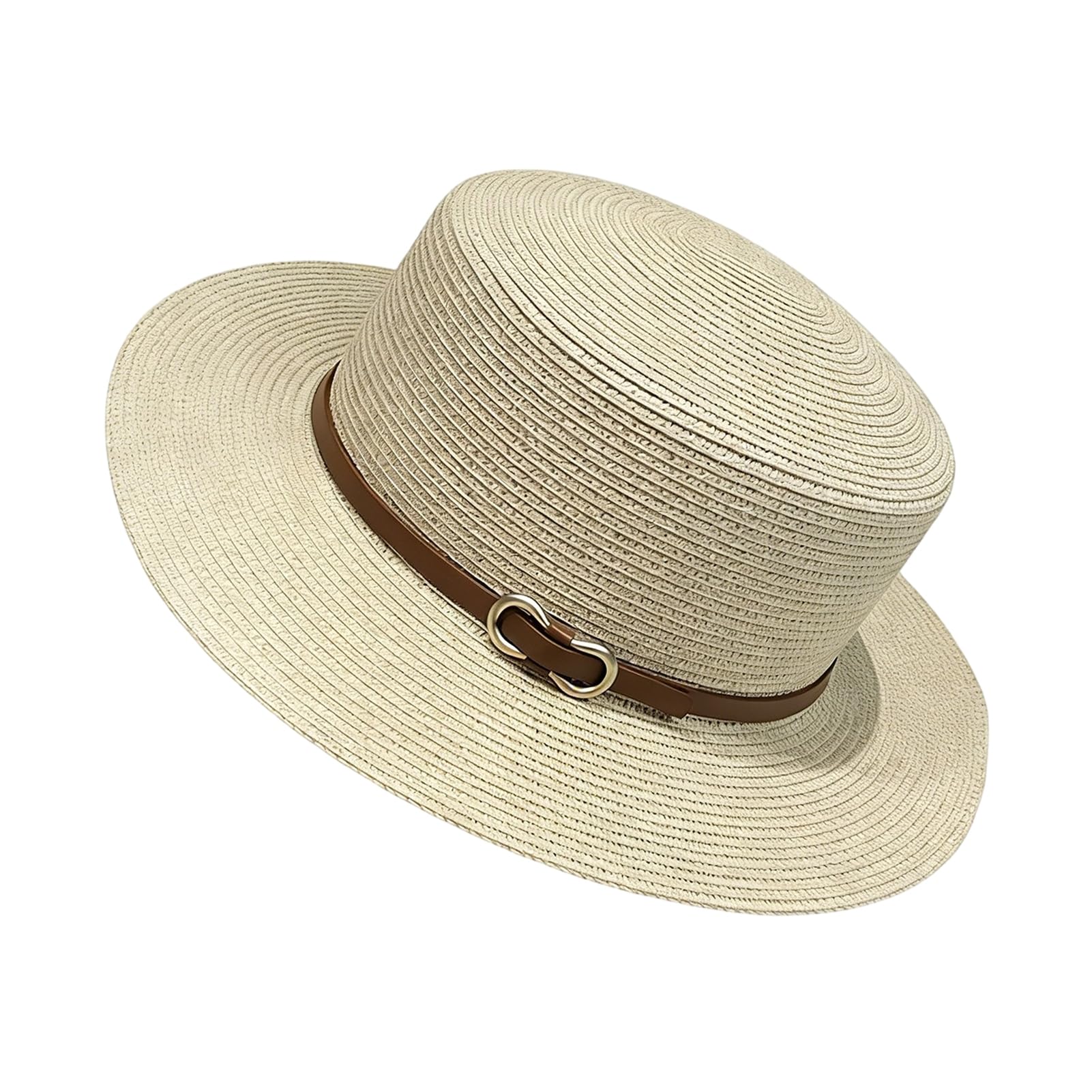 Cappello Panama per uomo e donna, a tesa larga, con parte superiore piatta, stile francese, con fibbia in finta pelle, protezione UV, cappello da spiaggia