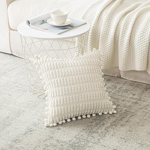 Miniatura 3 de Vannokor Paquete de 2 fundas de cojín de pana, 16 x 16 pulgadas, fundas decorativas de cojín decorativas con pompones, fundas de cojín cuadradas