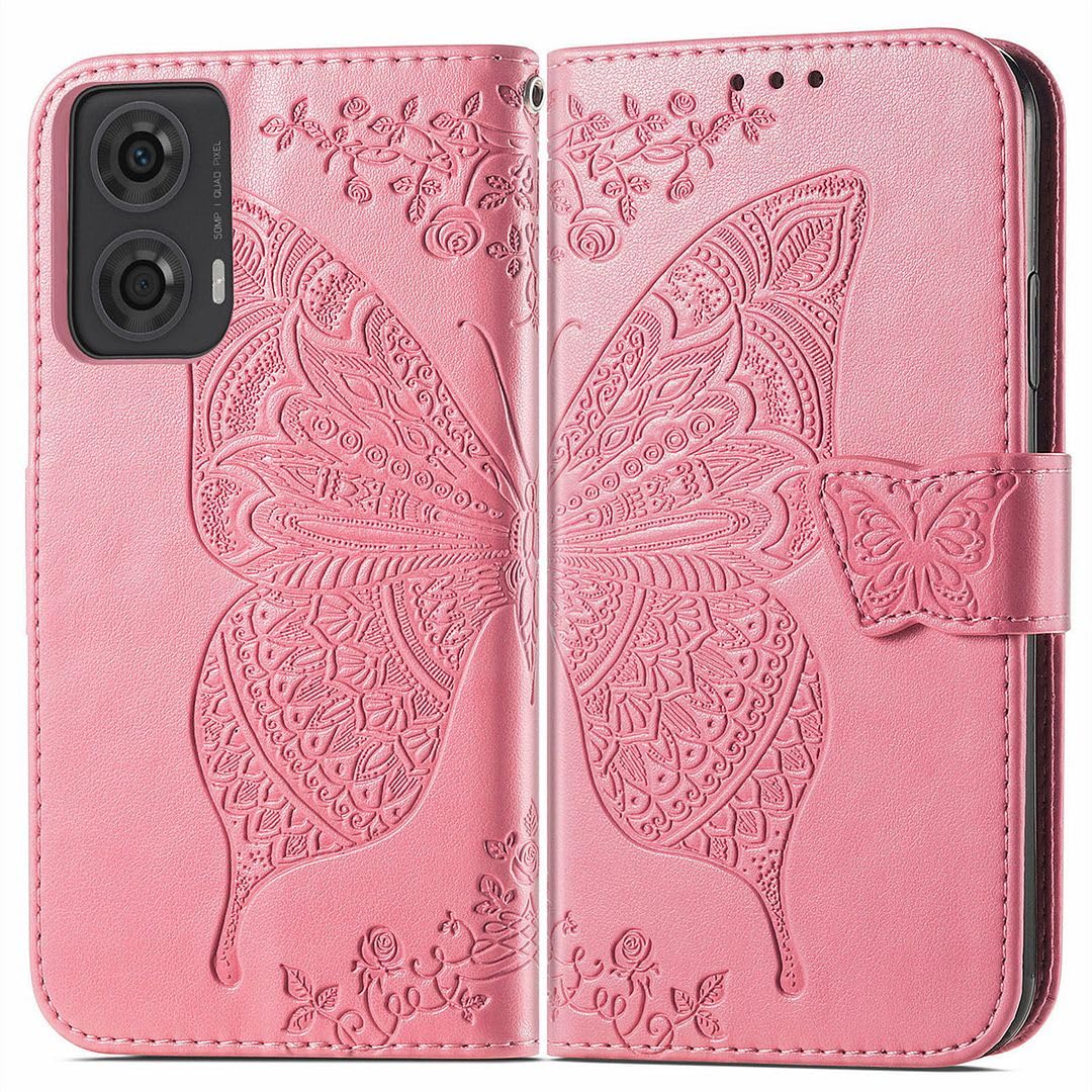 SATURCASE Funda Para Motorola Moto G24 G04 G04S, Mariposa Flor Cuero De La PU Magnético Billetera Ranuras [Correa De Mano] Apoyo Protector Carcasa Estuche Para Motorola Moto G24 G04 G04S (HF-Rosa