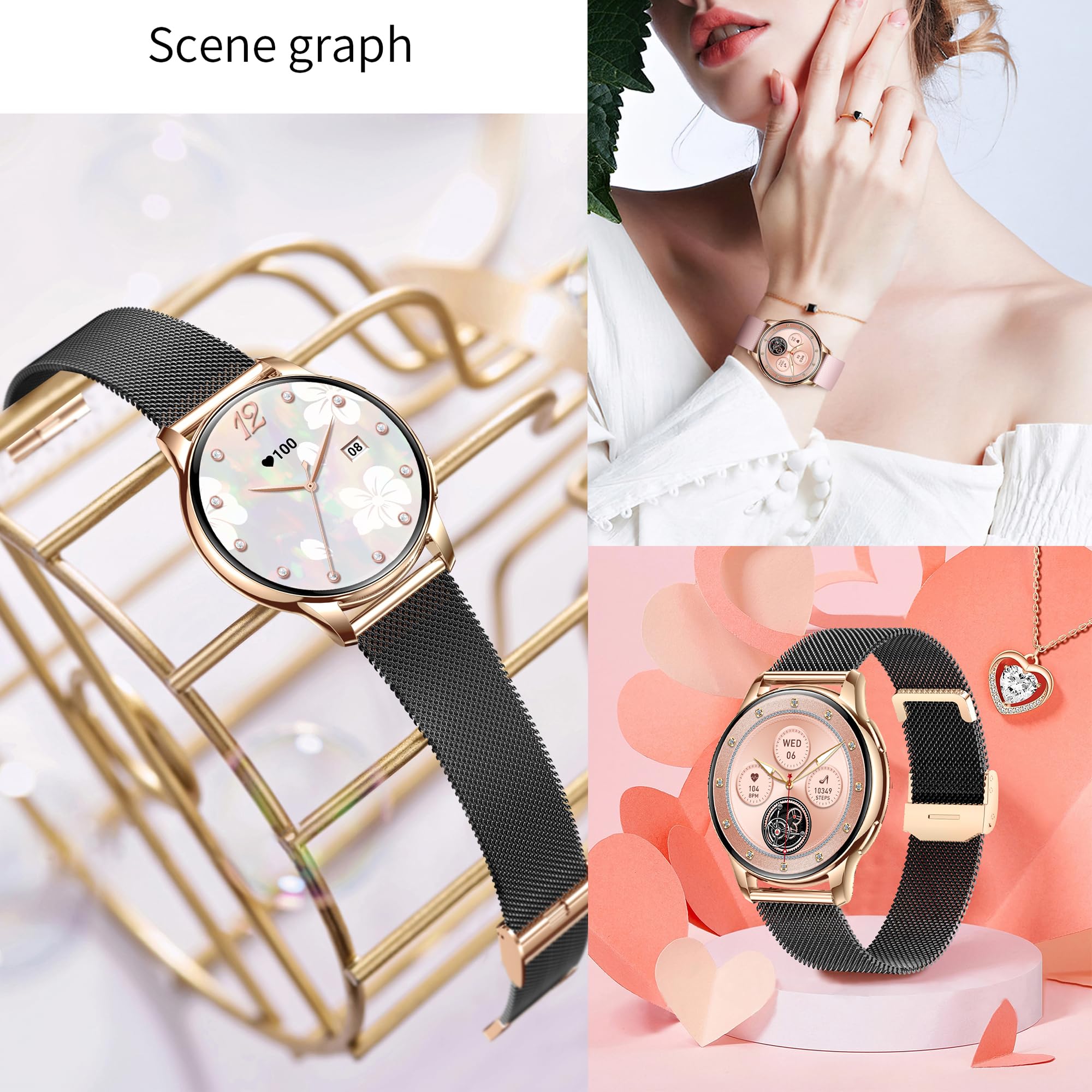 Smartwatche Kobiety z Funkcje Telefonu Bluetooth, Bateria 300 mAh, Sportowy Smartwatch 1,32" AMOLED ze 110+ trybami Sportowymi, Pomiarem Tętna, SpO2, Wodoodpornością dla Android iOS (Złoto)