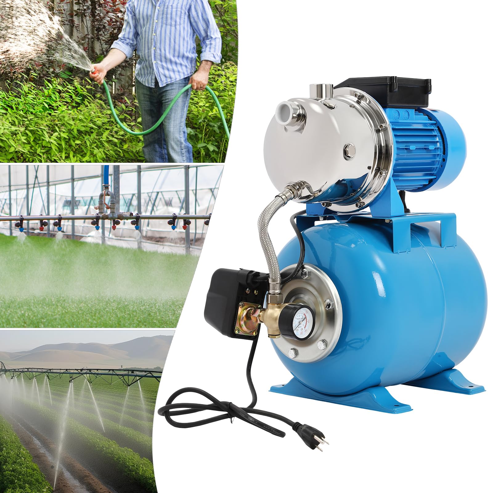 1HP Shallow Well Pump with Pressure Tank, Automatic Water Booster System Irrigation Jet Pump for Home, Garden, Lawn, Maximum Head 147.64FT, 110V (Blue)