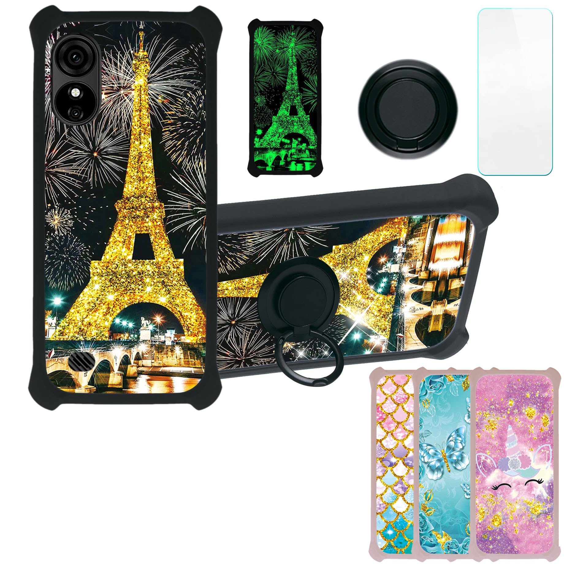 jioeuinly BLU G33 Case Compatible with BLU G33 Phone Case Cover [with Tempered Glass Screen Protector][Ring Support][Gold Glitter+Luminous] JSH-TT