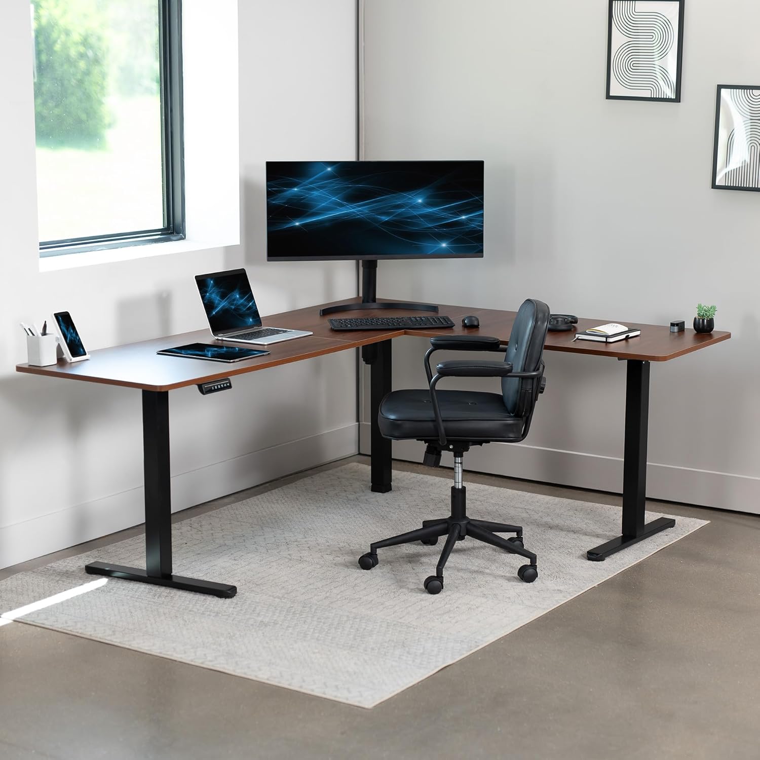 VIVO Electric Corner 75 x 63 inch L-Shaped Standing Desk, Memory Height Adjustment, Dark Walnut Top Black Frame, DESK-E3CTD-75 75 x 63 Dark Walnut Top / Black Frame