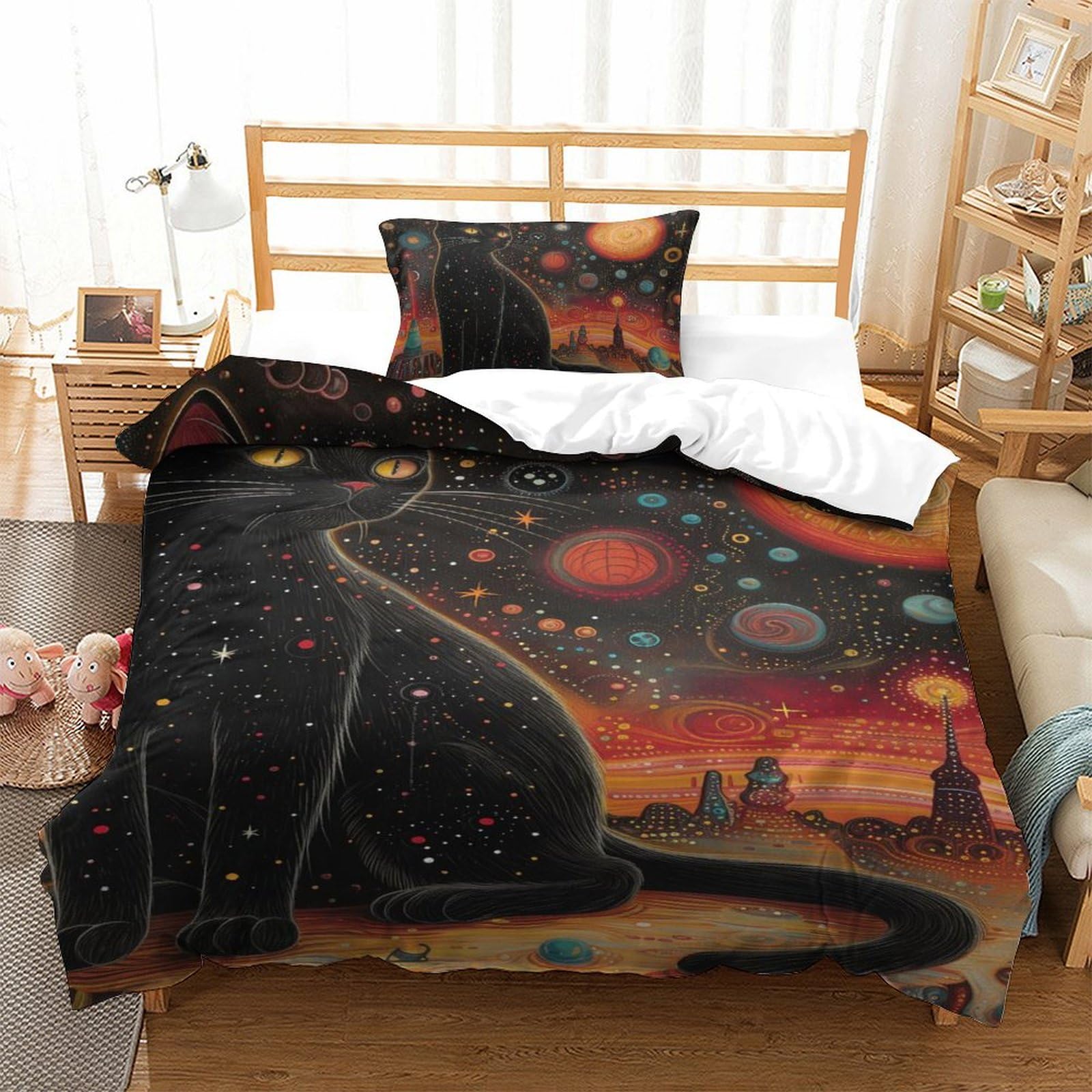 Housse de couette chat 3D facile à laver et sans repassage pour lit d'enfant 135x200cm
