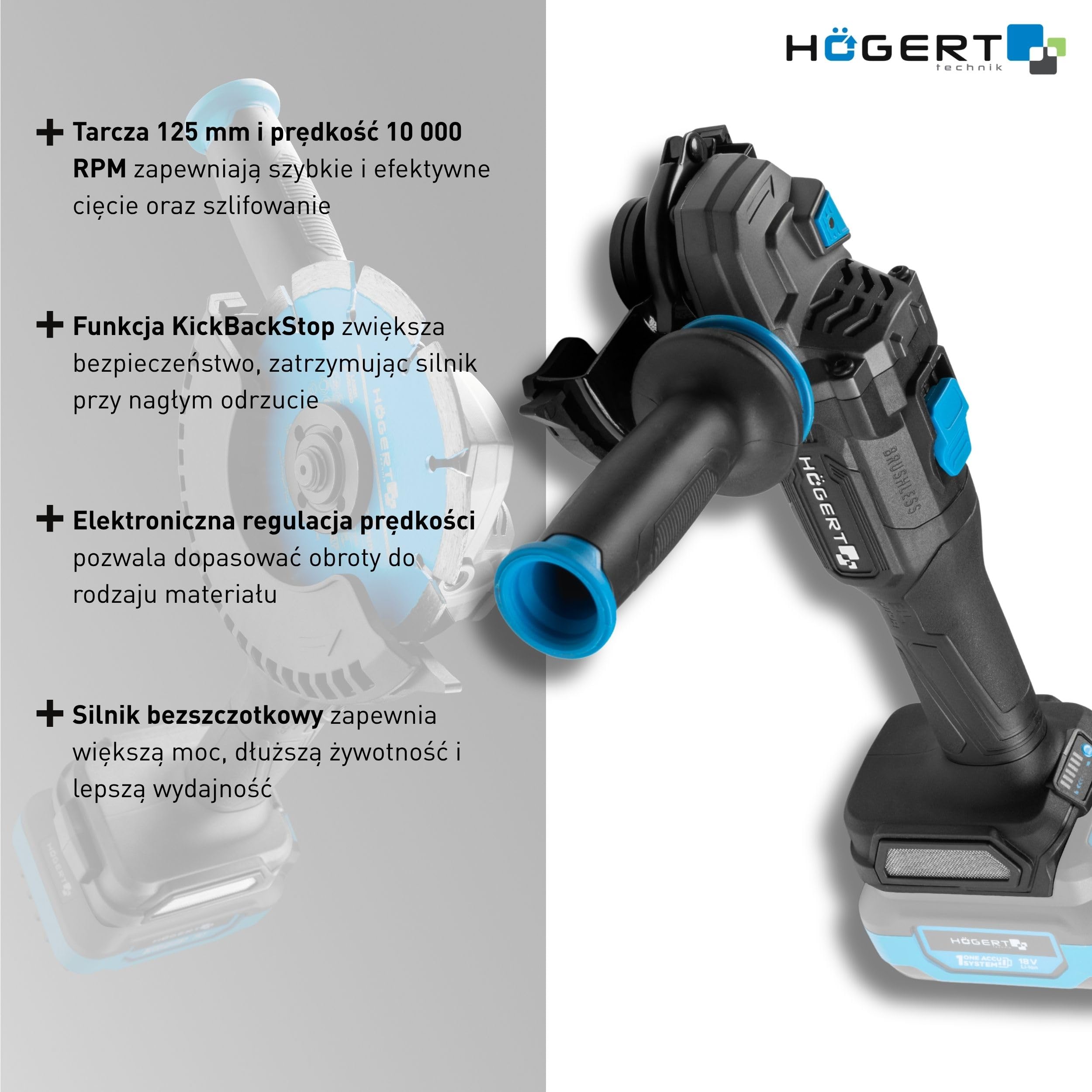HÖGERT TECHNIK Akumulatorowa szlifierka kątowa 125 mm, 18 V Brushless, akumulatorowa przecinarka z regulacją prędkości, narzędzie do cięcia, szlifowania i usuwania zadziorów