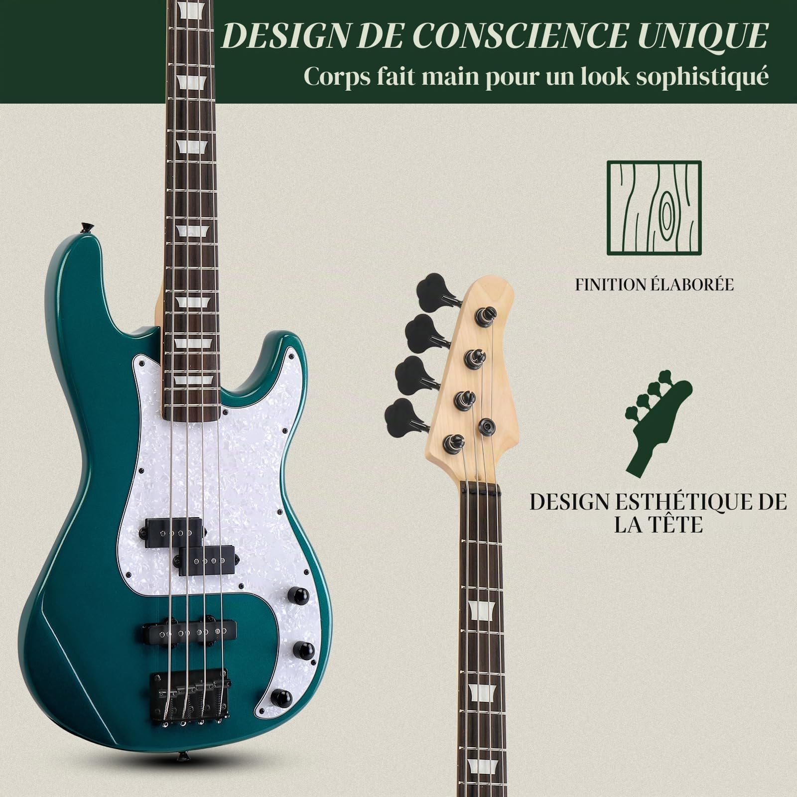Ktaxon Guitare basse électrique à 4 cordes, style PB - Taille standard pour droitier - Kit débutant avec ampli 20W, housse de transport, sangle, câble de mise à niveau, capo pour jeunes et adultes