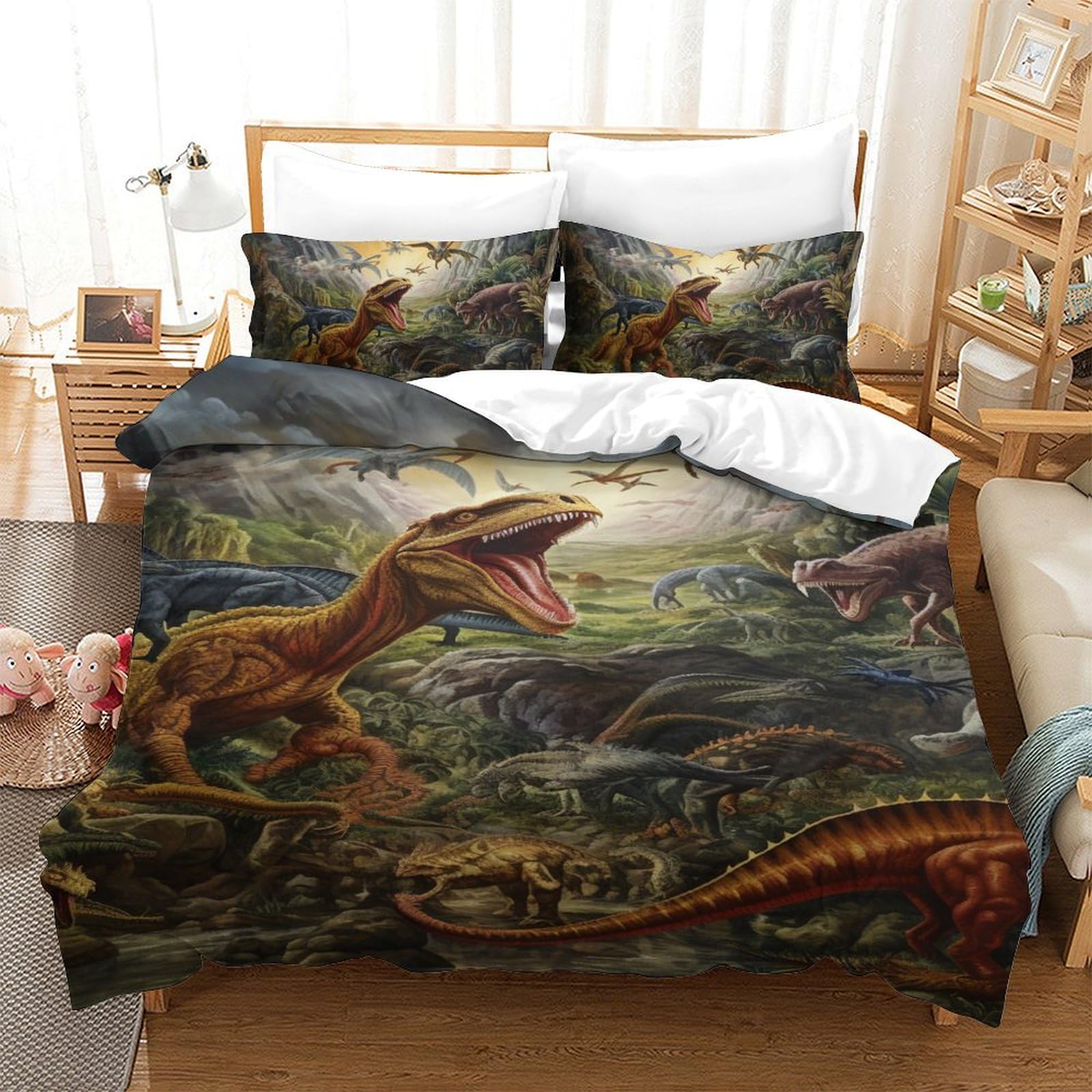 Hongbing Style-9 Dinosaur 3D Printed Quilt Cover Set 3 Pieces Bedspread Soft Microfiber With Zipper Closure，Pillowcases For Teens And Adults Single（140X200cm）