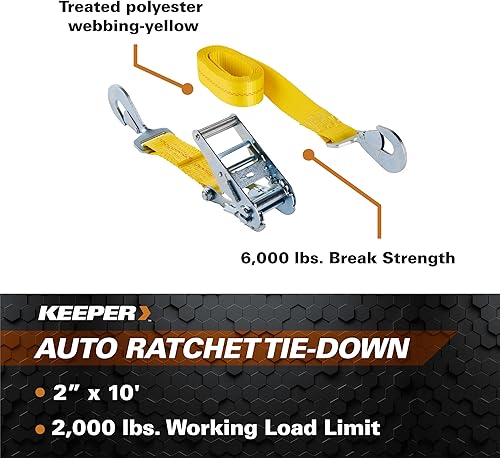 Miniatura 5 de HAMPTON PROD Keeper Keeper - Amarre de trinquete automático de 2 pulgadas x 10 pies con ganchos a presión, límite de carga de trabajo de 2,000