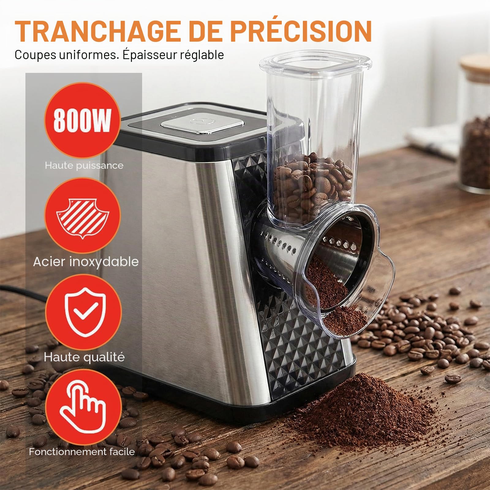 Coupe-légumes électrique 5-en-1, Râpe à légumes électrique 500W avec 5 lames en inox pour fromage, légumes, fruits – Robot râpe et trancheur multifonction