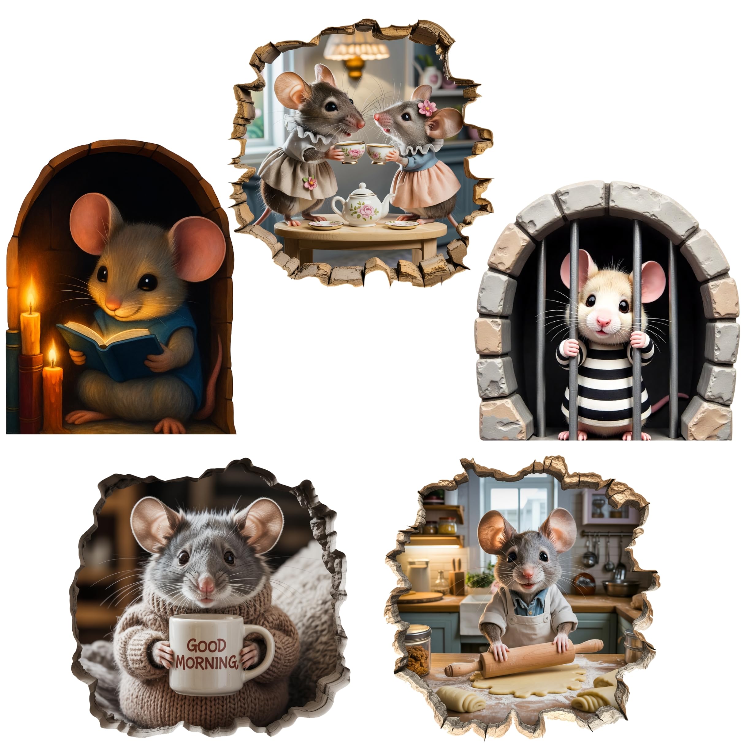 5PCS 3D Mouse Hole Wall Decals Peel and Stick Funny Whimsical Murals Wallpaper Art Decor Hole Cover Wall Stickers for Kids Room Bathroom Kitchen Nursery Door Playroom Stair Riser