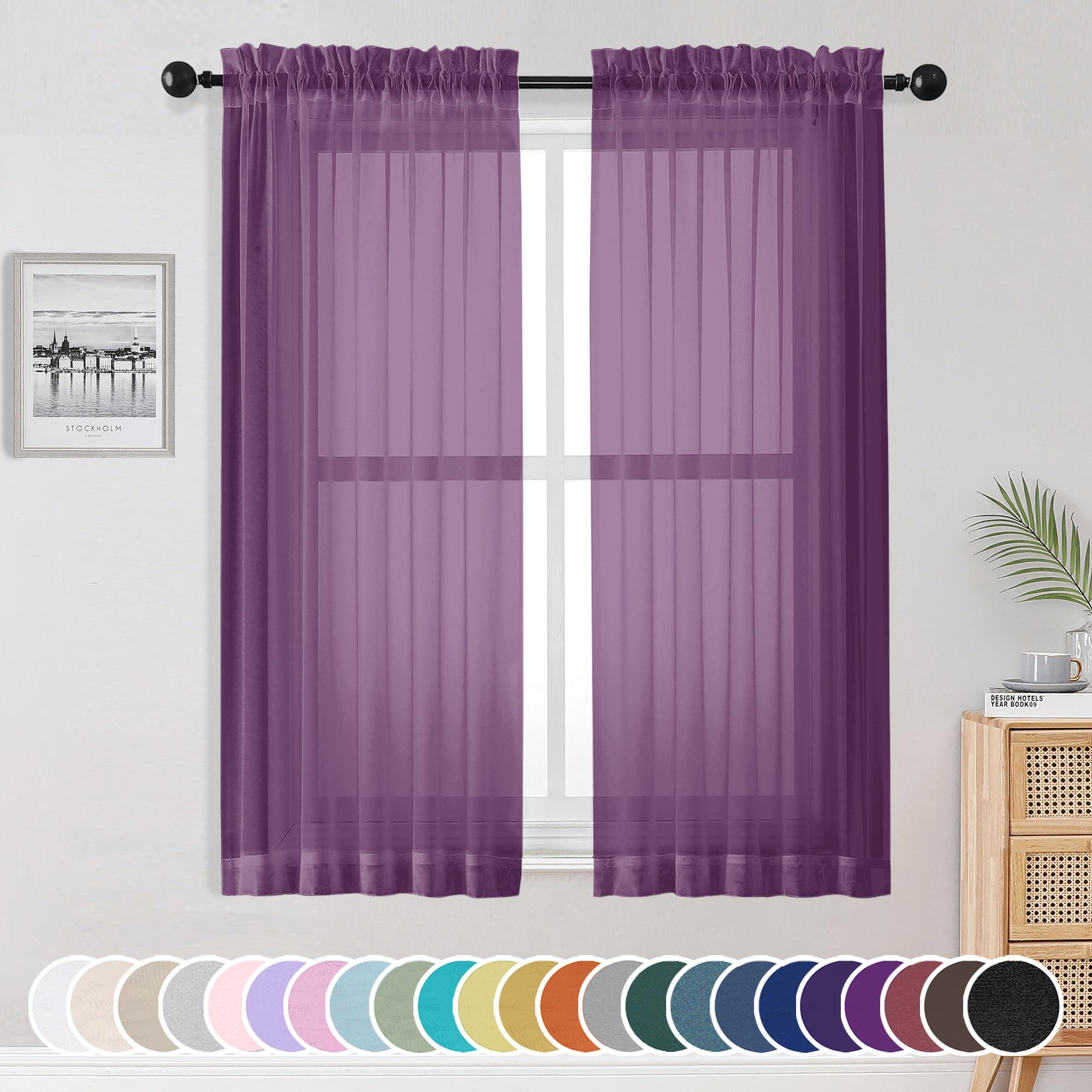 OWENIE Plum Sheer Curtains 63 Inches Long 2 Panels Set, Light Filtering Voile Fimly Sheer Curtains &amp; Drapes for Living Room Bedroom, 2pcs, Plum, Each 42" W x 63" L Inch