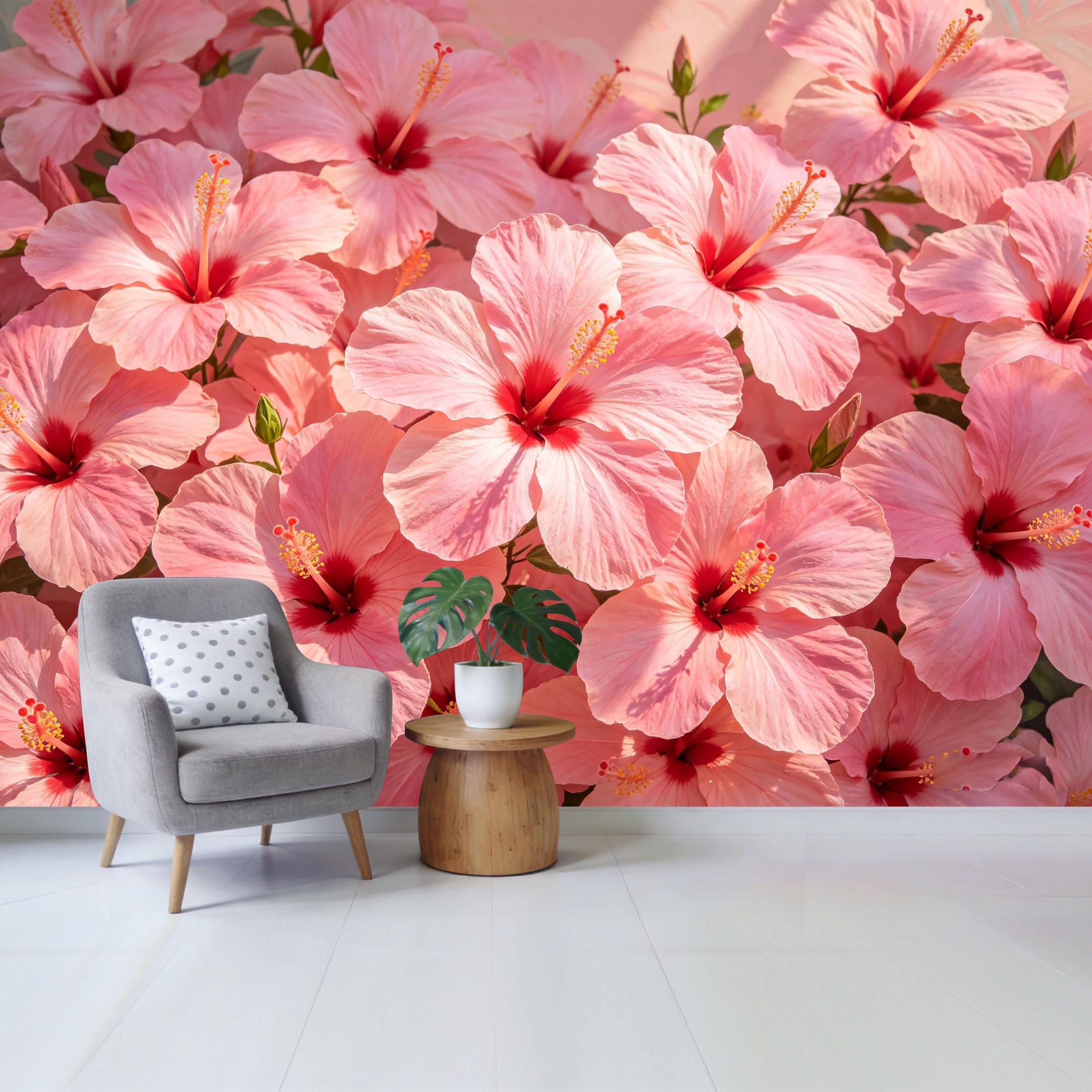Custom Size Wall Mural Pink Hibiscus Tropical Botanical Watercolor Pattern SelfAdhesive Wall Fabric Removable Wallpaper for Home Office Decor