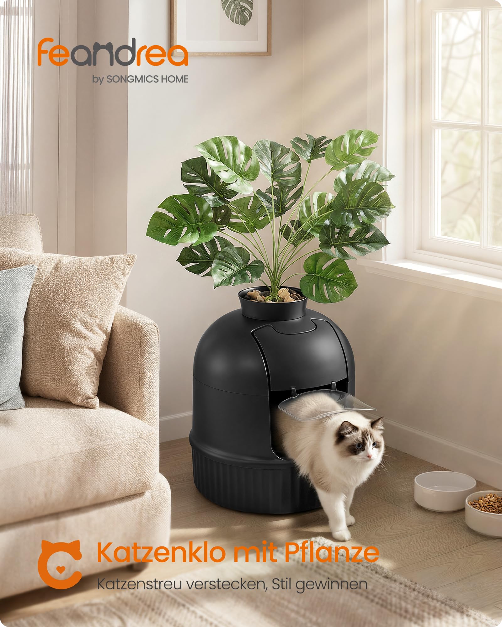 Feandrea Katzenklo Blumentopf, versteckte Katzentoilette, mit künstlicher Pflanze, Tür, geschlossen, Kohlefilter, Geruchskontrolle, Kieselsteinen, Schaufel, Bürste, tintenschwarz PPT006B101