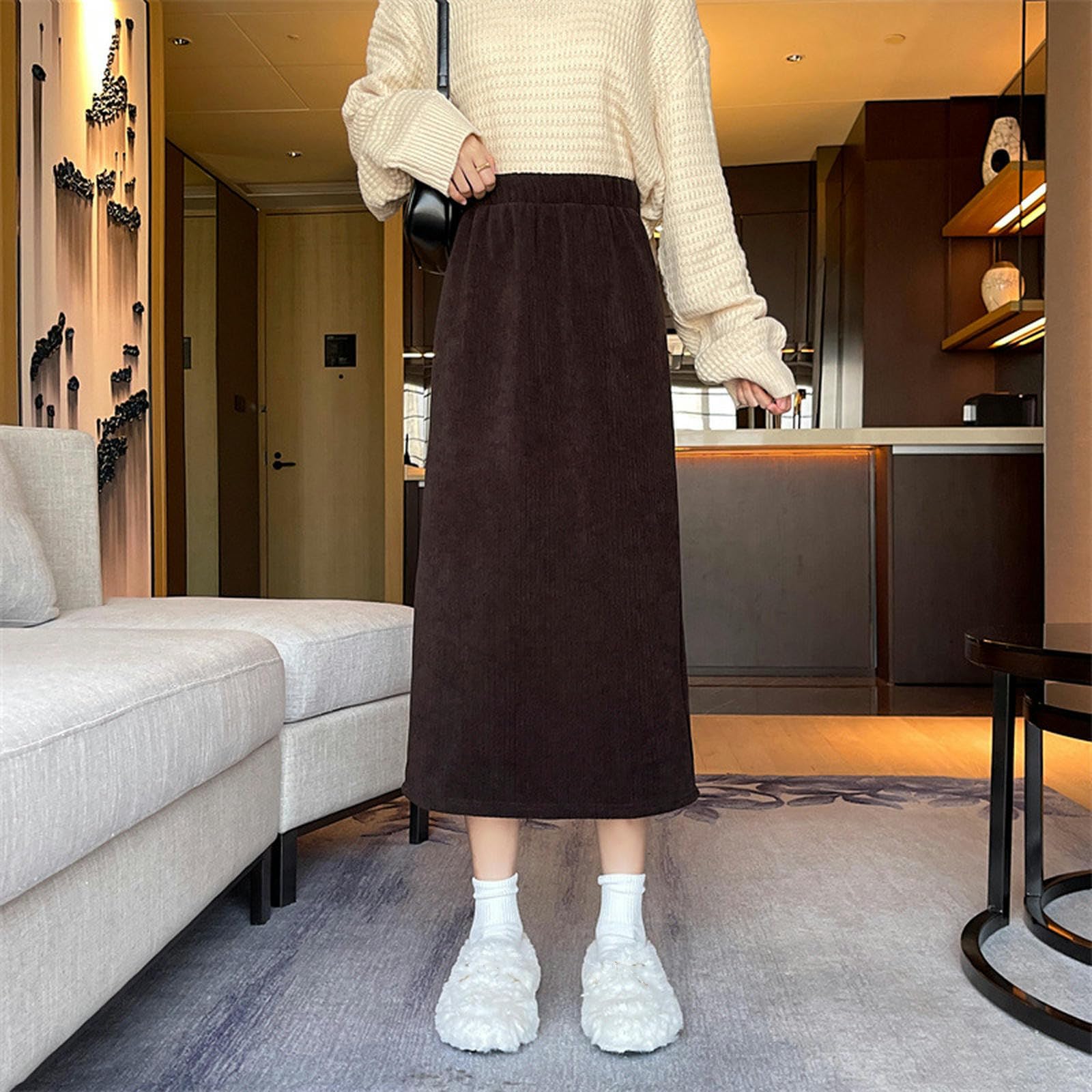 Röcke Cordrock Für Damen Mit Elastischer Taille - Plus Samtverdickter, Mittellanger Freizeitrock Für Herbst Und Winter Mit Schlitz Auf Der Rückseite-schwarz-XL