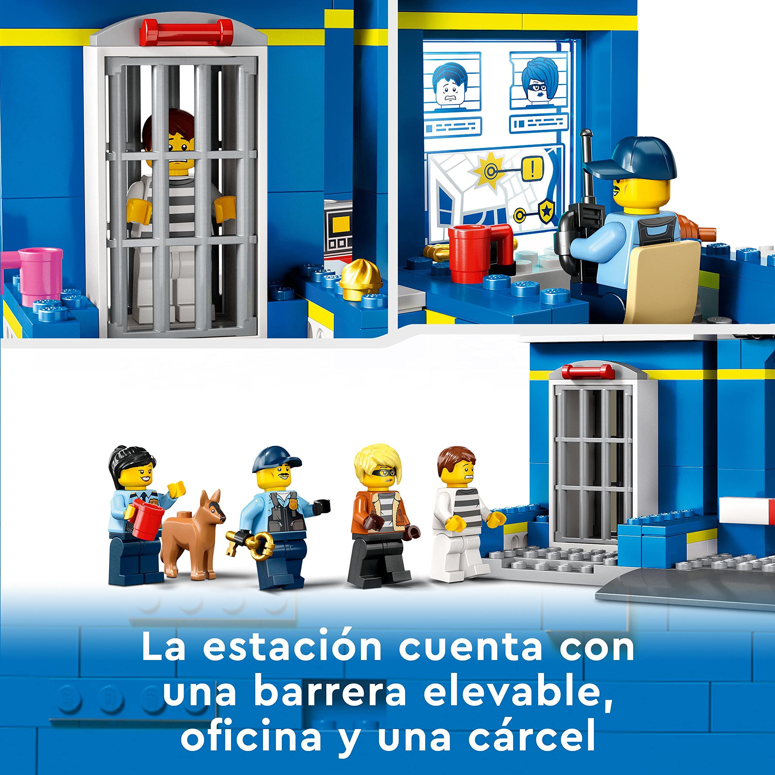 LEGO City Persecución en la Comisaría de Policía con Cárcel, Moto y Coche de Juguete, 4 Minifiguras y Perro, Regalo para Niños y Niñas de 4 Años o Más 60370