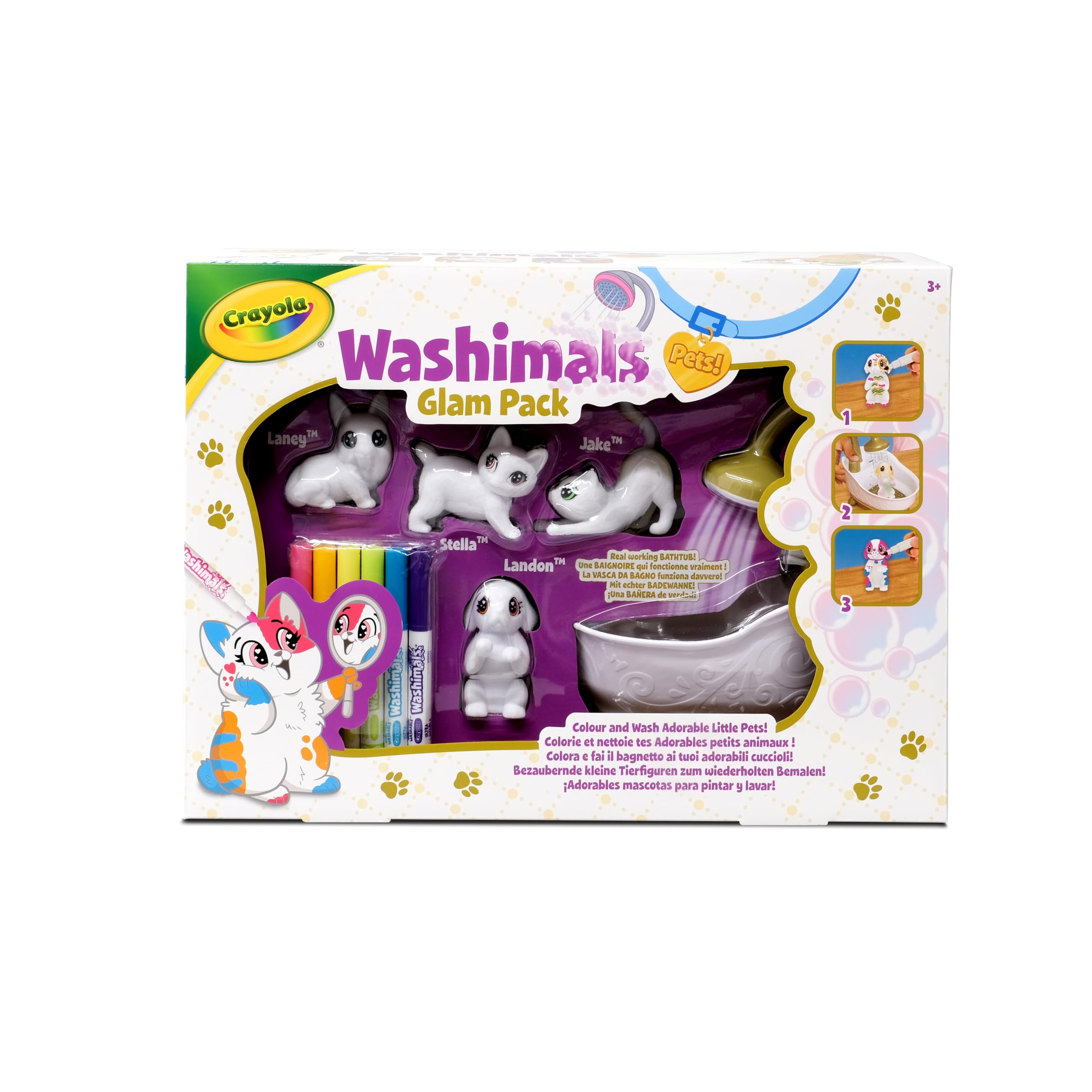 CRAYOLA Washimals Pets - Set Attività Colora Lava Ricolora con Cuccioli con Vasca da Bagno Funzionante, Cagnolini e Gattini, Ideale da Regalare, Età Consigliata: da 3 Anni