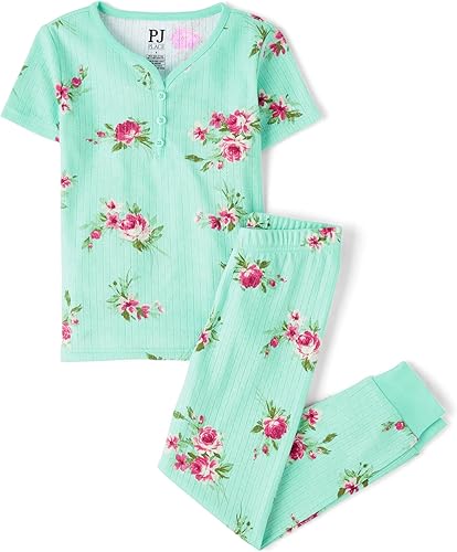 Miniatura 7 de The Children's Place Conjunto de pijama de 2 piezas con camiseta y pantalones cortos para niñas, ajuste cómodo, 100% algodón, 2 unidades