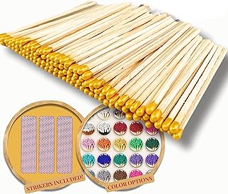 100 Count | 3" Shiny Gold Matches | Strikers Included | Color Tip Wooden Match | Refill for Matchstick Jars, Candle Display, Holders & Bottles | 3 in inches Long