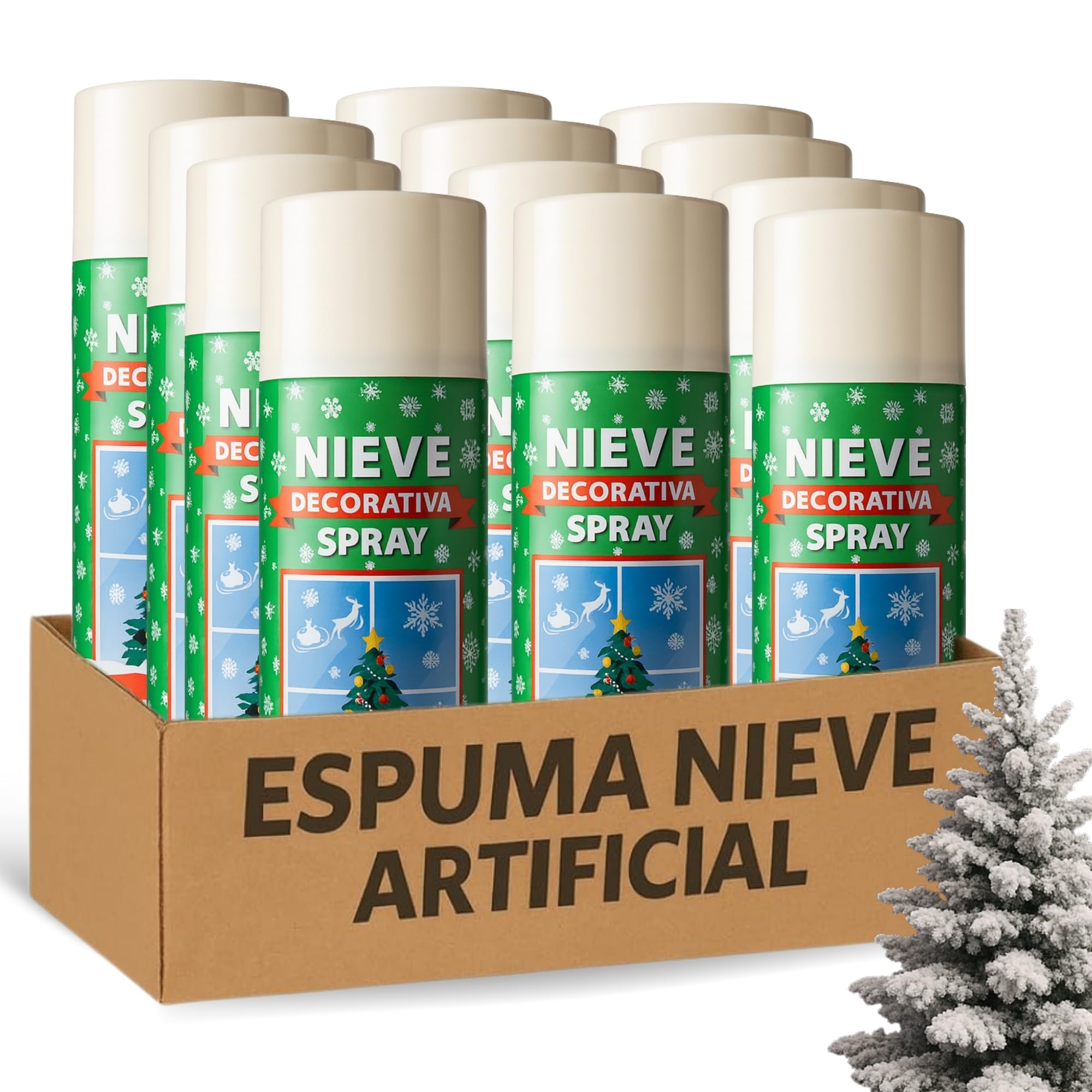 Espuma Nieve Artificial, Spray Decoración Navidad, Pulverizador de Nieve, Bote Spray Efecto Nieve, Copos de nieve artificial, Uso en interior, Utilizado en arbol de navidad, 12 botes de 250 ml - imagen 1