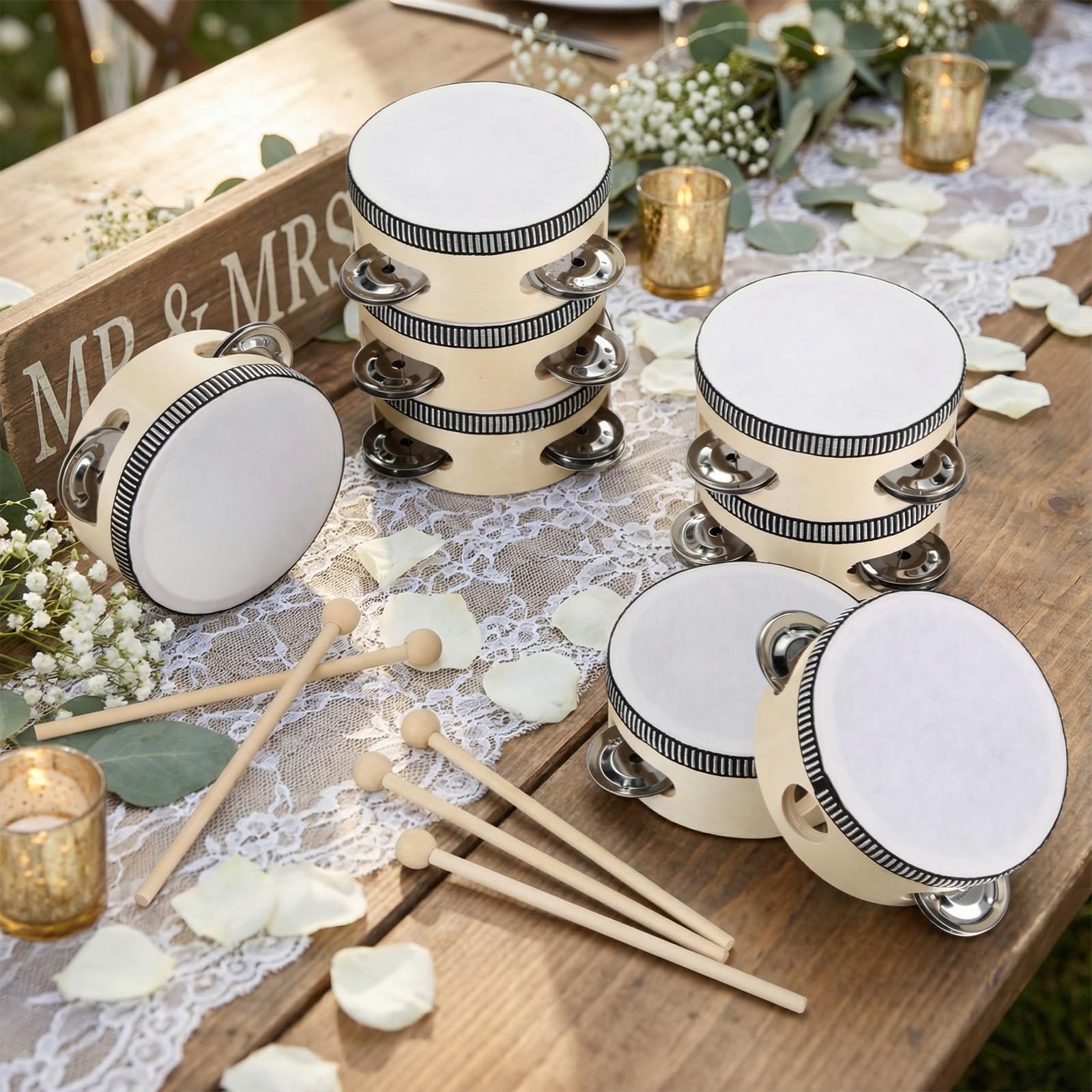 32 panderetas de 4 pulgadas con baquetas, tambor de mano de madera con cascabeles de metal, instrumento musical de percusión para iglesia, boda, fiesta, regalo, instrumento de tambor educativo