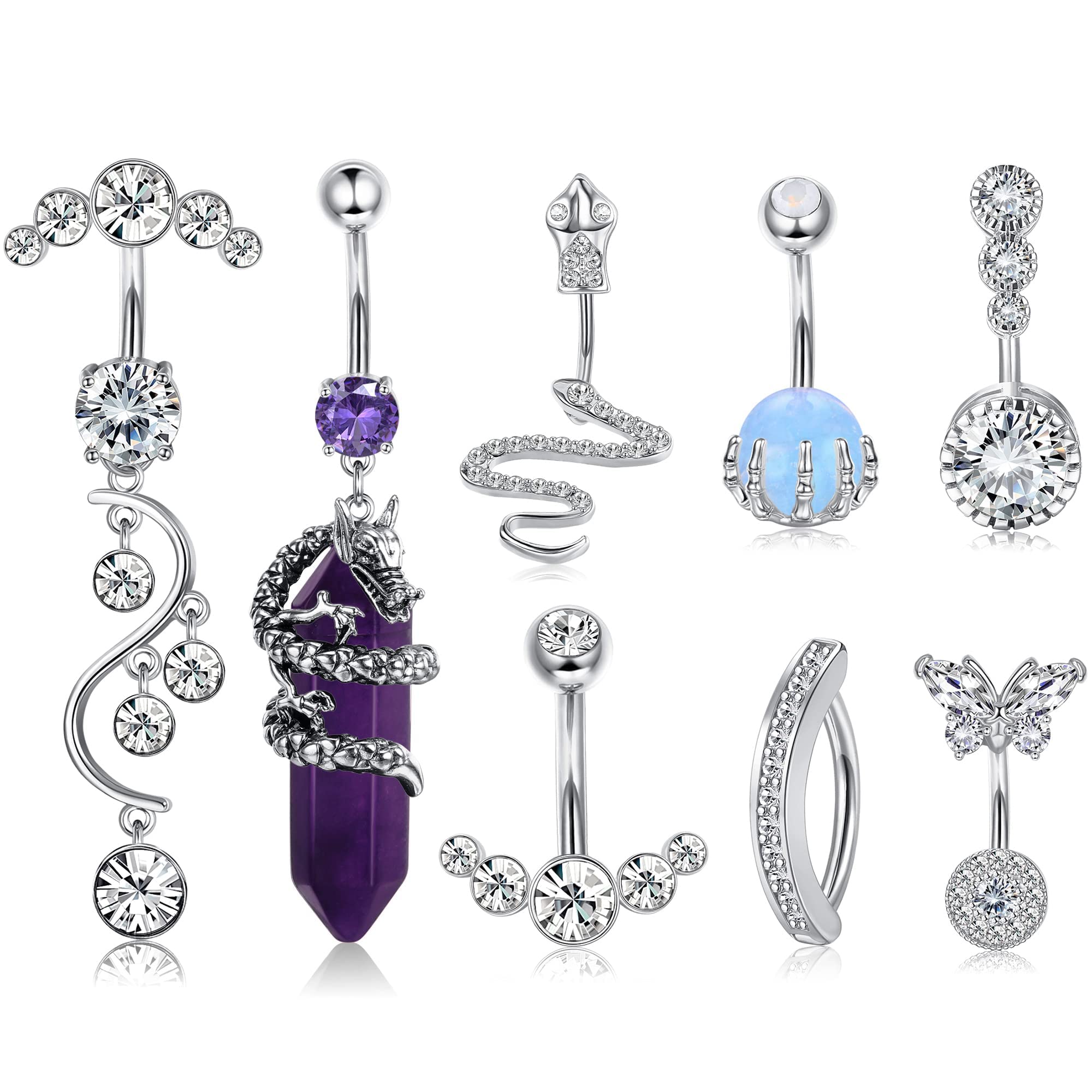 Diamday 10 Piezas 14G Piercing Ombligo Acero Quirúrgico Colgante Ombligo Anillos CZ Serpiente Ojo Mal Mariposa Ombligo Anillos Barra para Mujer Hipoalergénico Vientre Piercing Joyas