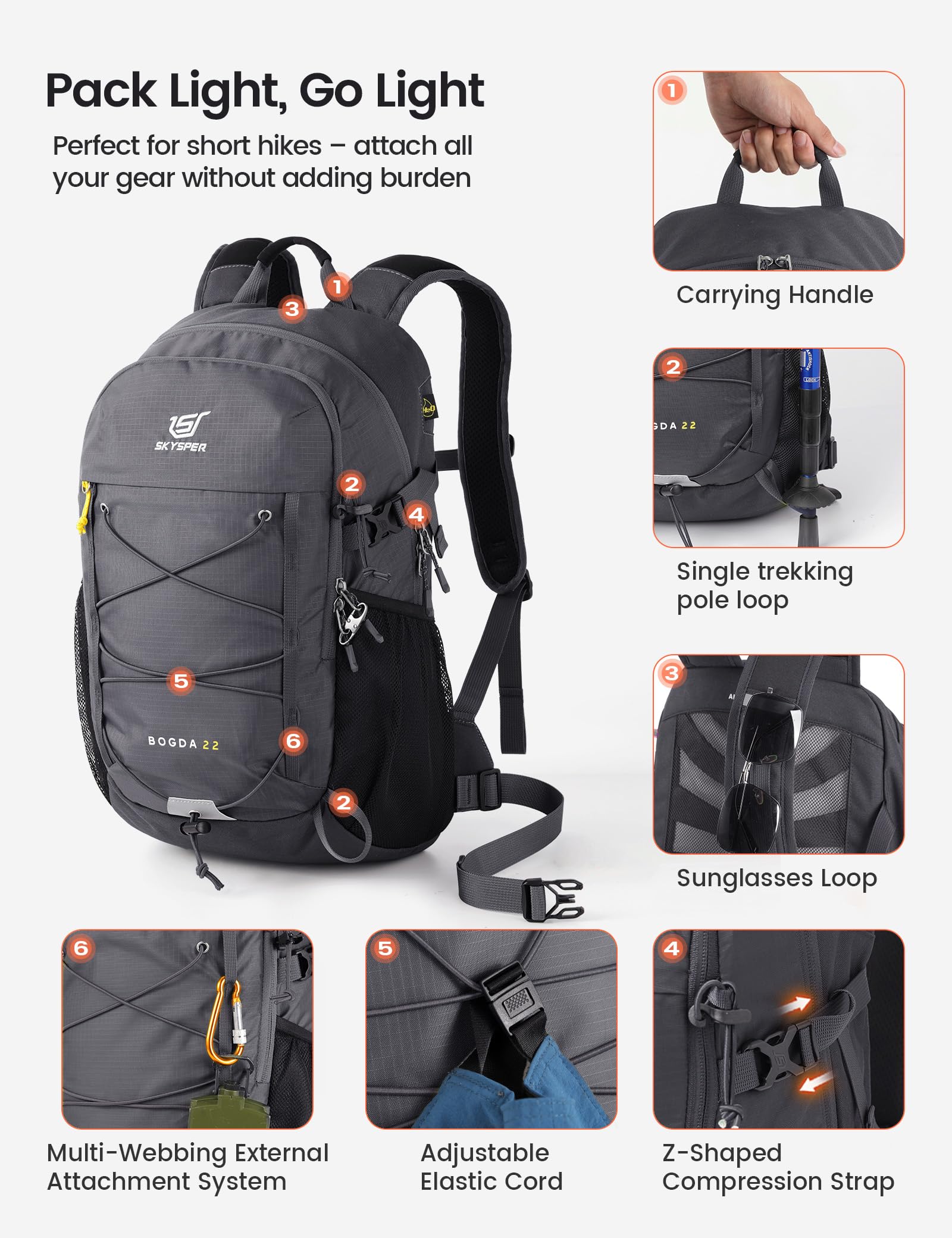 SKYSPER Plecak trekkingowy 22l, plecak turystyczny mały plecak górski dla mężczyzn i kobiet, podróż, piesze wycieczki, piesze wycieczki, ciemnoszary, Medio, Klasyczny