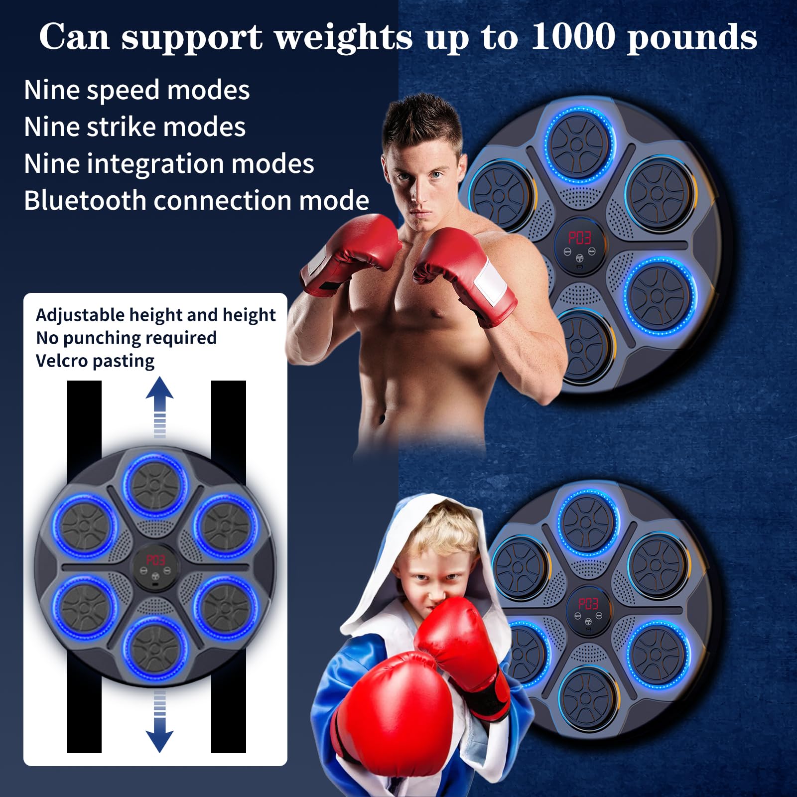 Boxing Machine avec Bluetooth, Hauteur Réglable, 4 Modes, Machine de Boxe Musicale Adulte avec Gants, Boxe Mural Musique pour l'intérieur, Exercices à Domicile, Décompression, Exercice