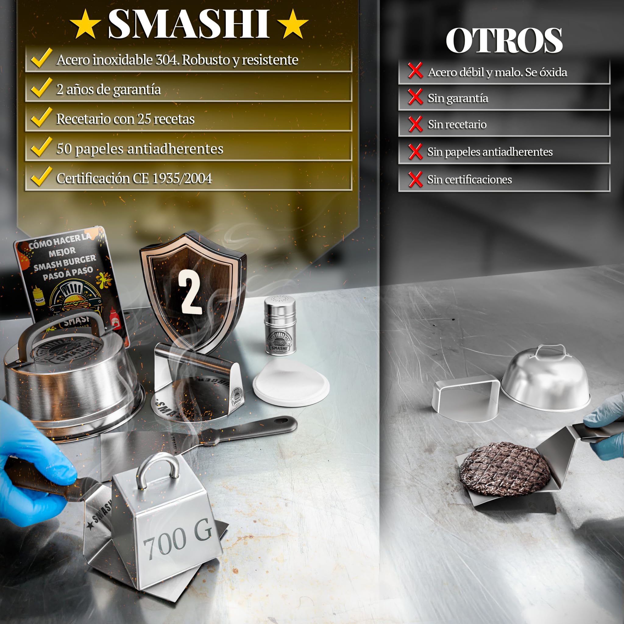 SMASHI® Zestaw Smash Burger Stal Nierdzewna 304 – Młotek, Szpatułka Smash, Pokrywa Smash, Prasa do Hamburgerów i Papiery Antysklepowe | Zestaw Profesjonalny do Kuchni, BBQ i Restauracji (ZAAWANSOWANY)