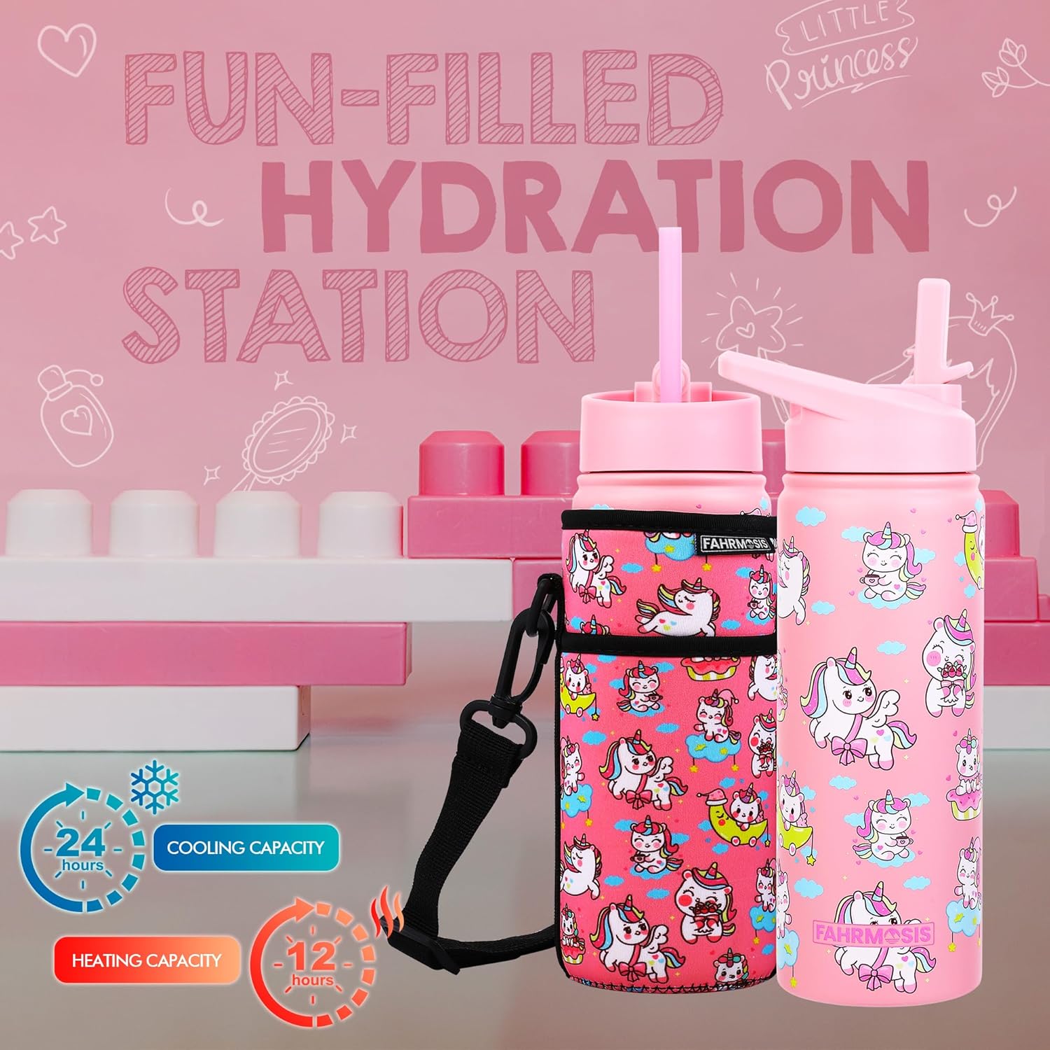18 OZ Kids Water Bottle with Carrier Bag & Strap Leak Proof Metal Insulated Stainless Steel Tumbler with 2 Lids (Flip & Spout) for School & Sports Water Bottle with Straw - Pink (Unicorn) - Image 5