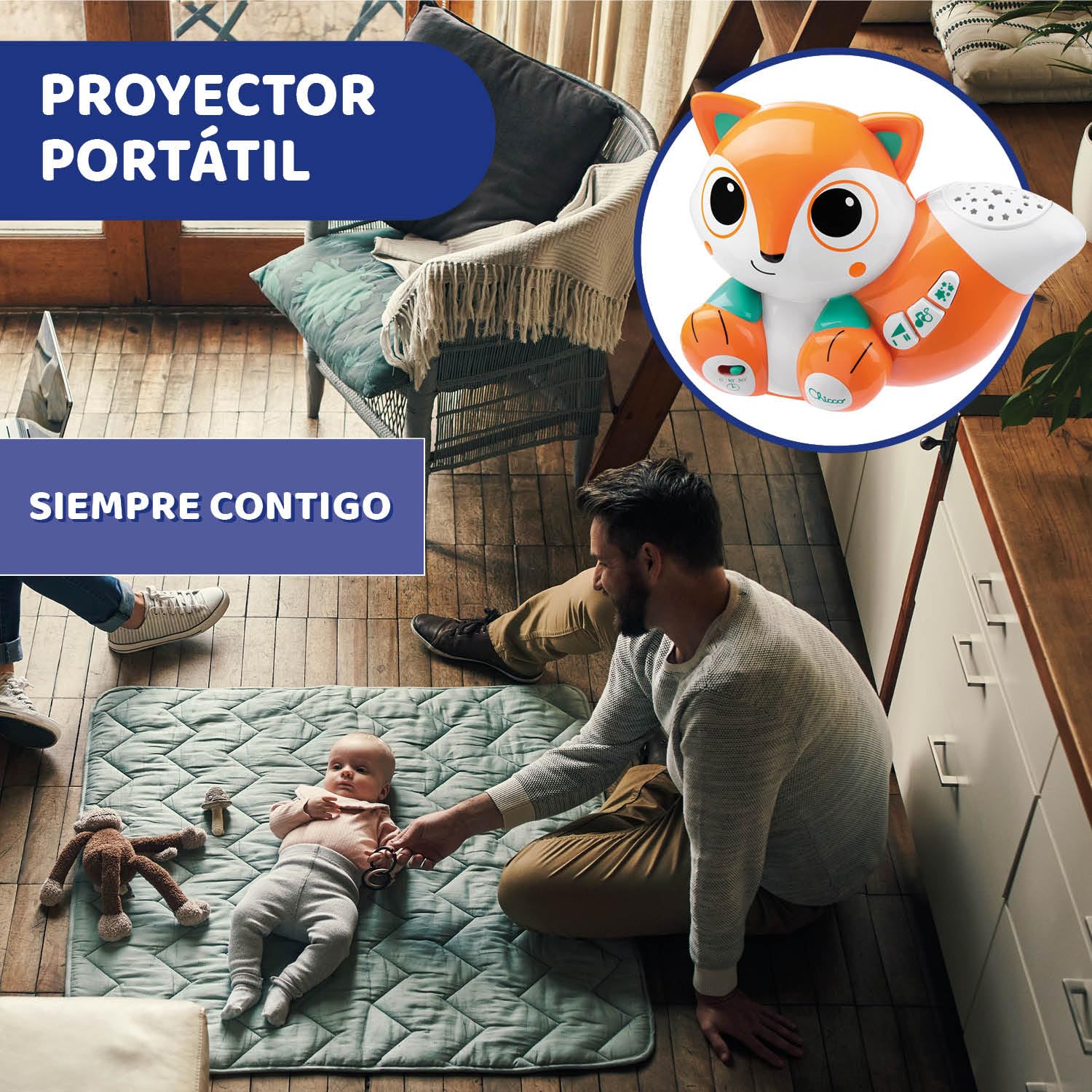 Chicco Kolorowy Projektor Foxy, Lampka Nocna dla Dzieci, Wielokolorowy Projektor Gwiazdek, z Relaksującą Muzyką i Dźwiękami Natury, Regulowana Głośność, Zabawki dla Dzieci w wieku 0 m+