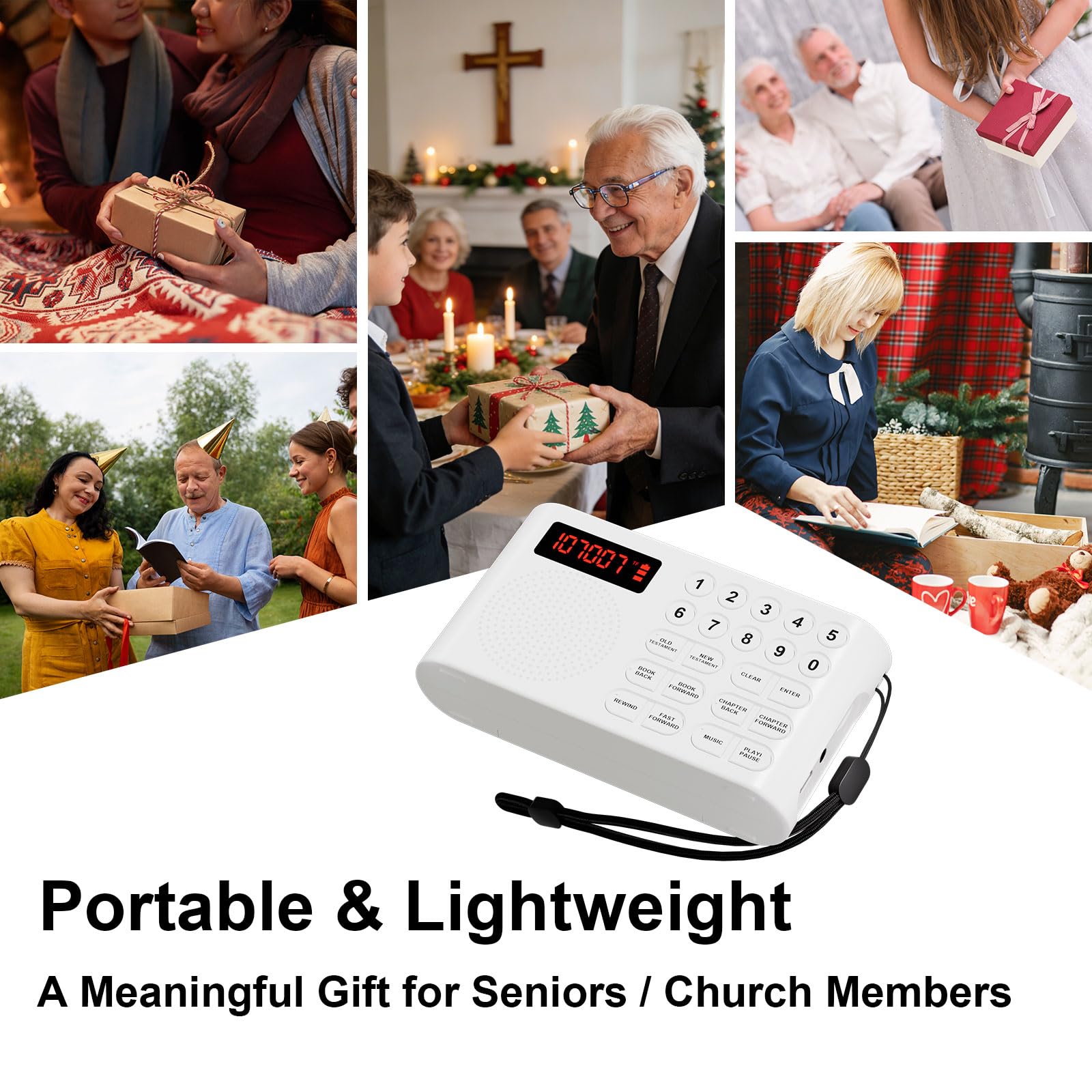 Lettore audio biblico digitale, bianco, design a pulsanti grandi con display LCD, riproduzione 26 ore, dispositivo di scrittura portatile per anziani e ipovedenti, KJV