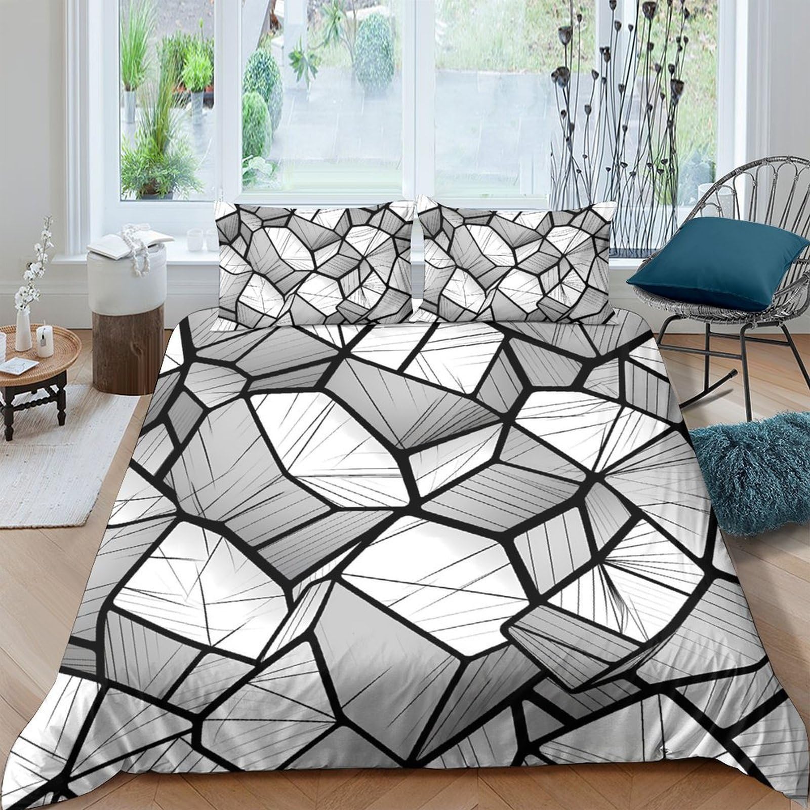 Ctjqhvkz Style-10 3D Printed Geometric Mosaic Fitted Sheet Microfiber Soft Grey White Abstract Bed Cover For Bedroom Dorm Decor Single（135X200cm）