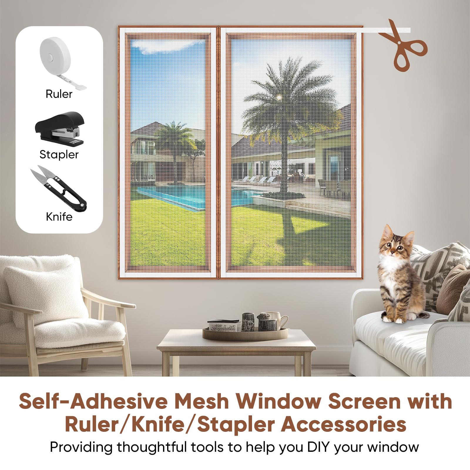 MYPIN Einstellbare Katzenschutz Fenster Netz Mit Selbstklebeband, DIY Größe, Katzennetz Balkon Fenster Transparent Netzgitter, Fliegengitter, Max. 130x150 cm, mit Lineal/Messer/Hefter (Weiß）
