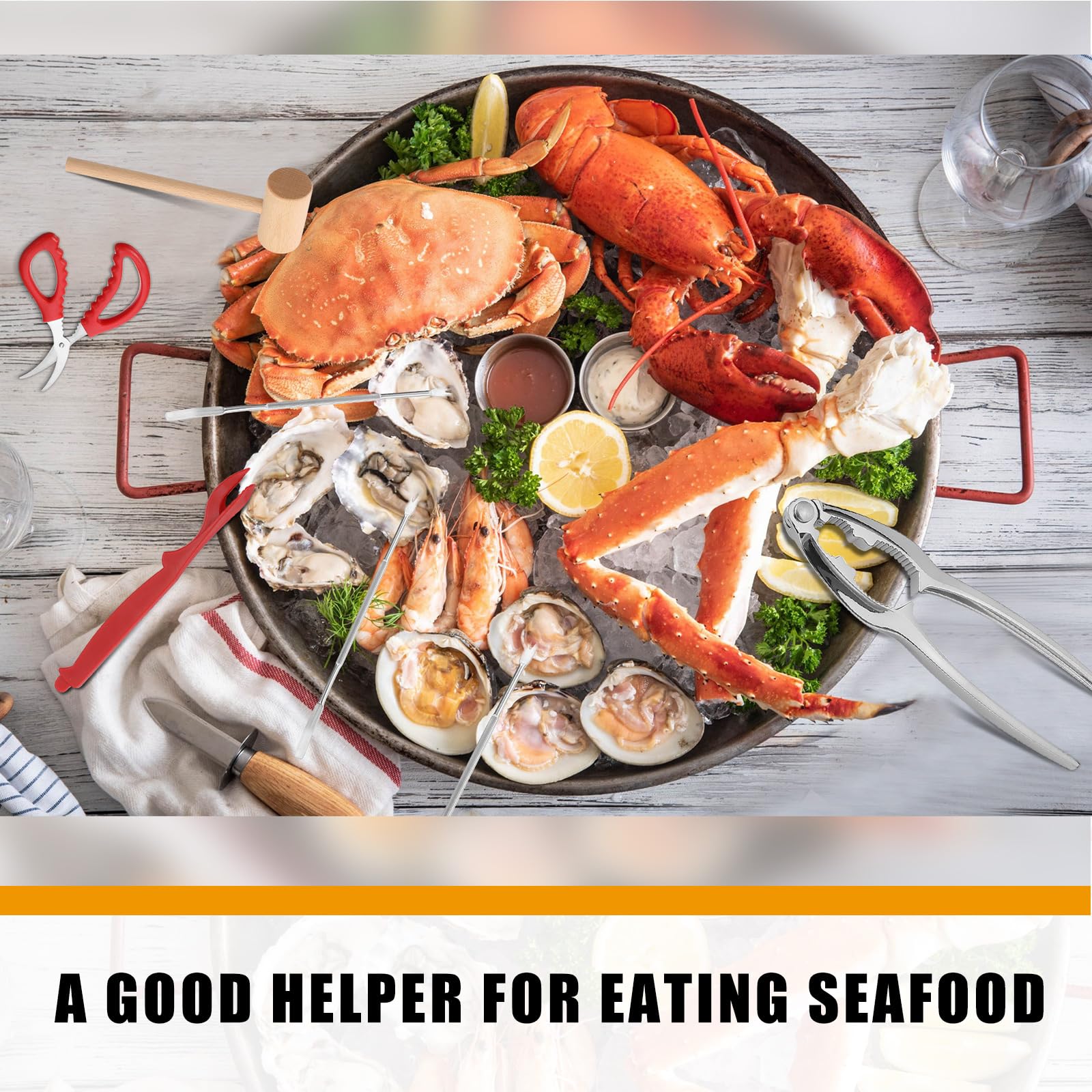 Dandat Juego de 125 herramientas de mariscos a granel, incluye 40 galletas de cangrejo, 40 tenedores de patas de cangrejo, 40 conchas de langosta, 2 tijeras de mariscos y 2 mazos de cangrejo de