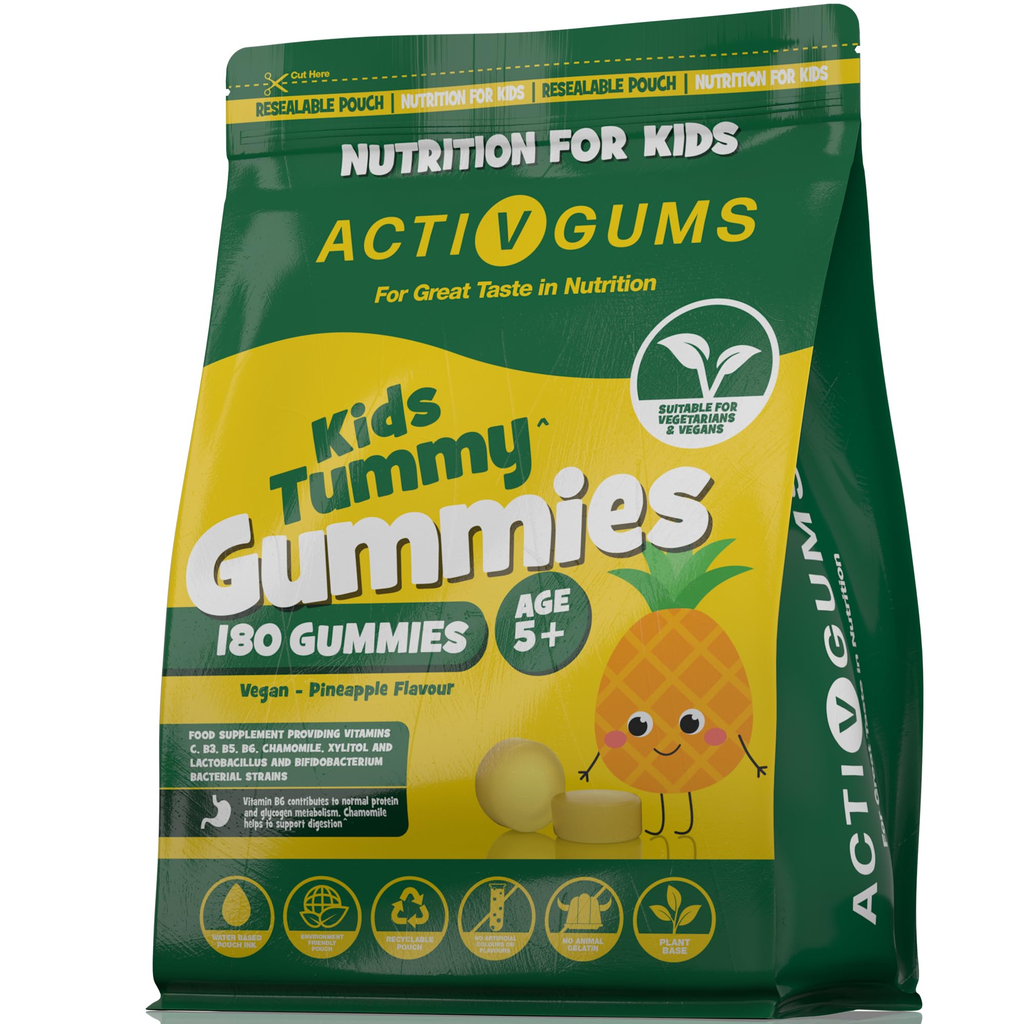 Kids Tummy 180 Vegane Gummis | Zur Unterstützung der Darmgesundheit | Vitamine C, B3, B5, B6, Kamille 1000mg, 1,125 Milliarden CFU Probiotika, Xylitol | Für Kinder ab 5 Jahren | ActivGums®