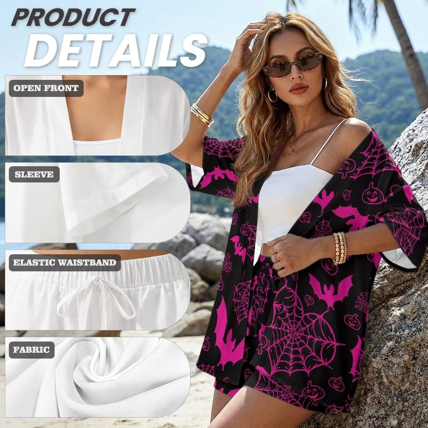 ZFRXIGN Summer Womens 2 Piece Outfits Vacation Kimono Cover up and Drawstring Shorts Set Loose Outfits S-XL