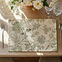 JINCHAN Linen Floral Placemats Set of 4, 13x19 Inch Green Washable Rustic Cottagecore Table Mats for Kitchen Dining Decor
