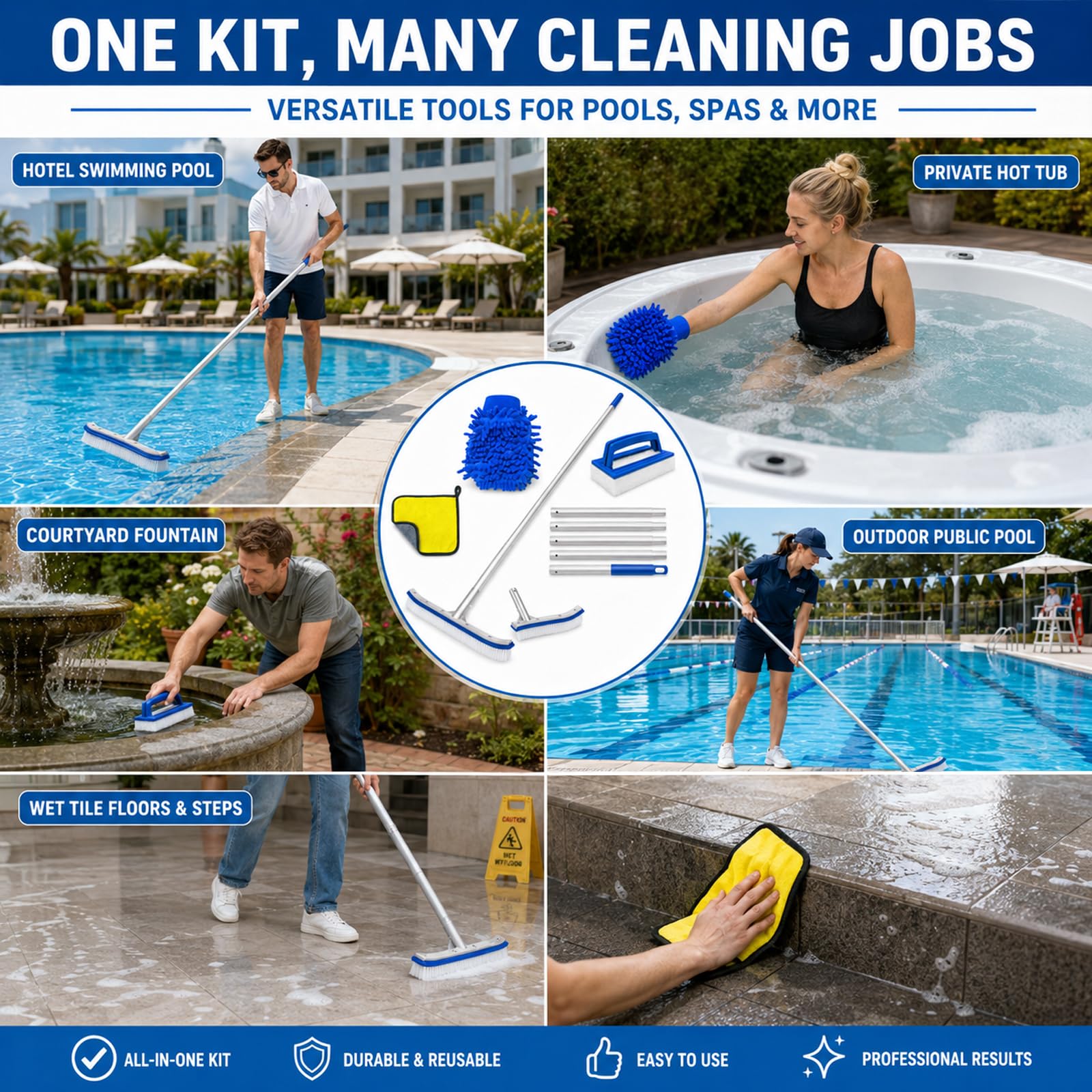 Spazzola Piscina con Manico Telescopico 180cm, Spazzola per Pulizia Piscina da 45 cm con 5 Aste in Alluminio, Kit Pulizia Piscina con Spugna, Panno Double Face e Guanto per Pareti, Fondo e Scale