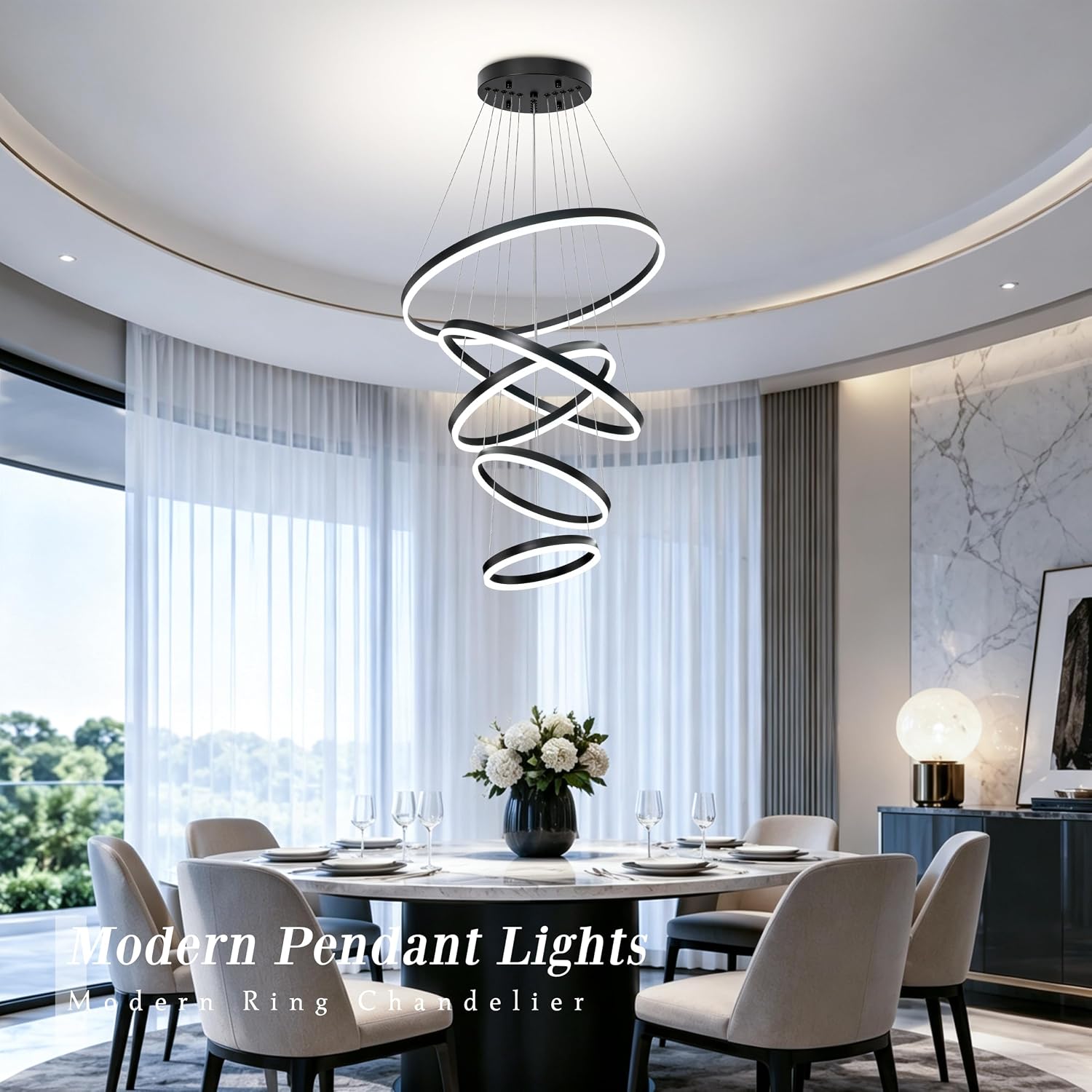 24" Black Modern Ring Chandeliers Dimmable Modern Led Chandelier with Remote Minimalist 5 Ring High Ceiling Chandelier for Living Room Staircase Foyer Porch Entryway Villas image 3
