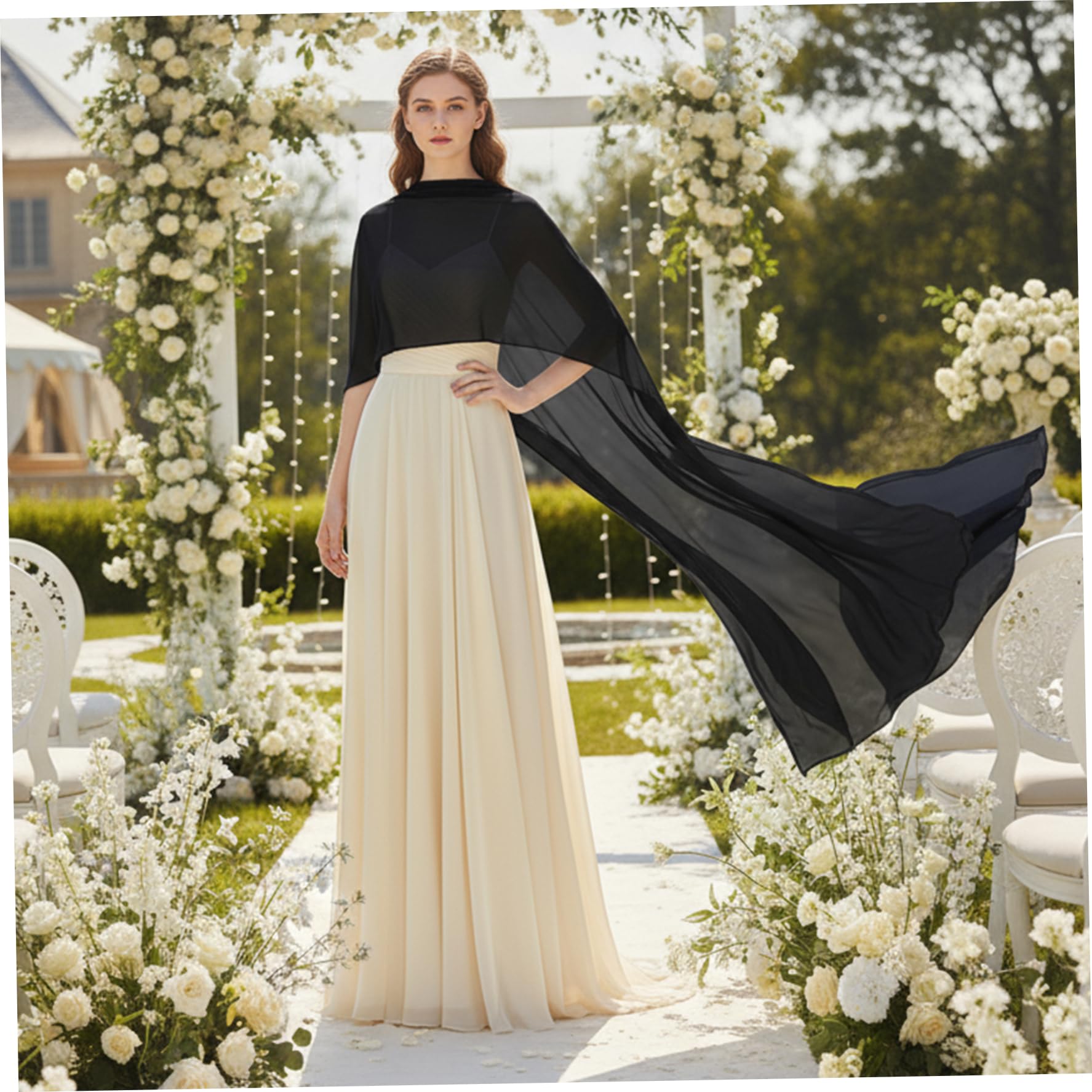 Cape en mousseline de soie pure pour femmes 59 pouces, châle de mariée élégant pour les mariages et les soirées, châle poncho