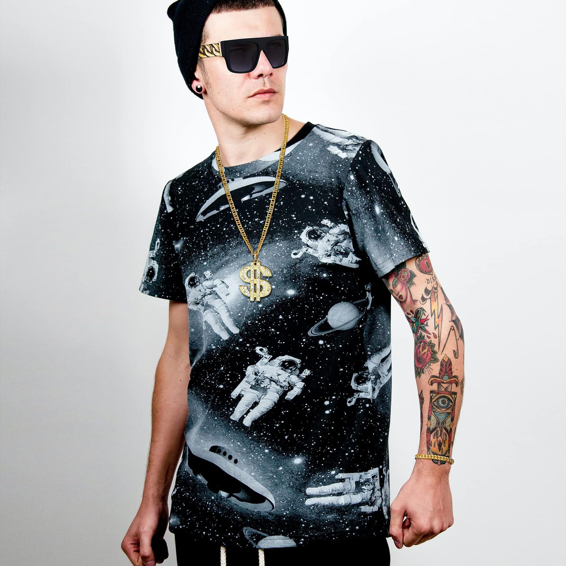 CASSIECA 80s/90s Hip Hop Disfraz Kit para Hombres Mujeres Collar de Cadena de Metal Pulsera Gafas de sol Anillo de Signo de dólar Punk Hip Hop Rapero Bisutería