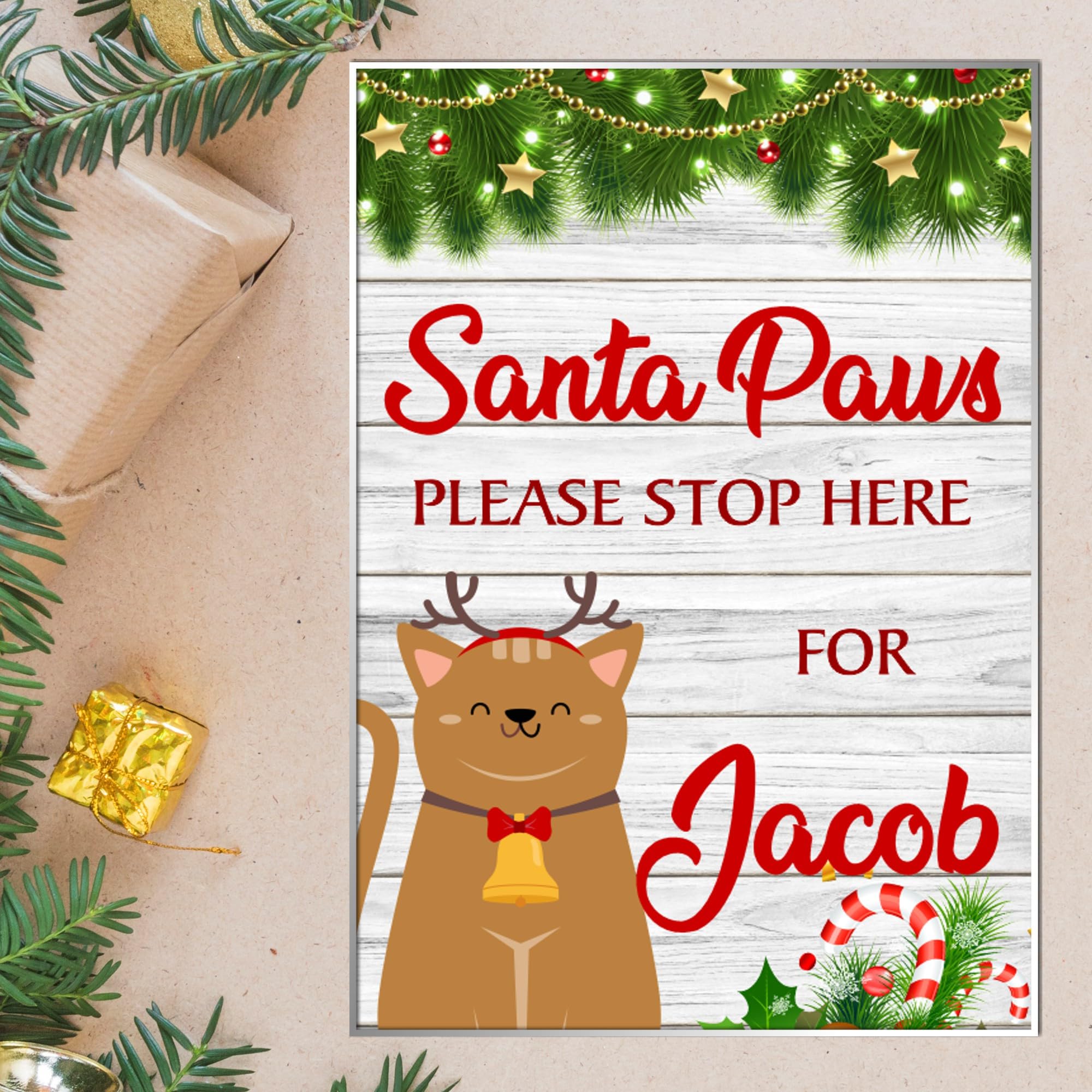 Personalised 'Santa Please Stop Here' Plaque Sign - Rustic Christmas Wall Art for Kids' Rooms - Customisable Xmas Gift Decoration (A4 Acrylic: Indoor & Outdoor Use, Santa Paws Cat Design)