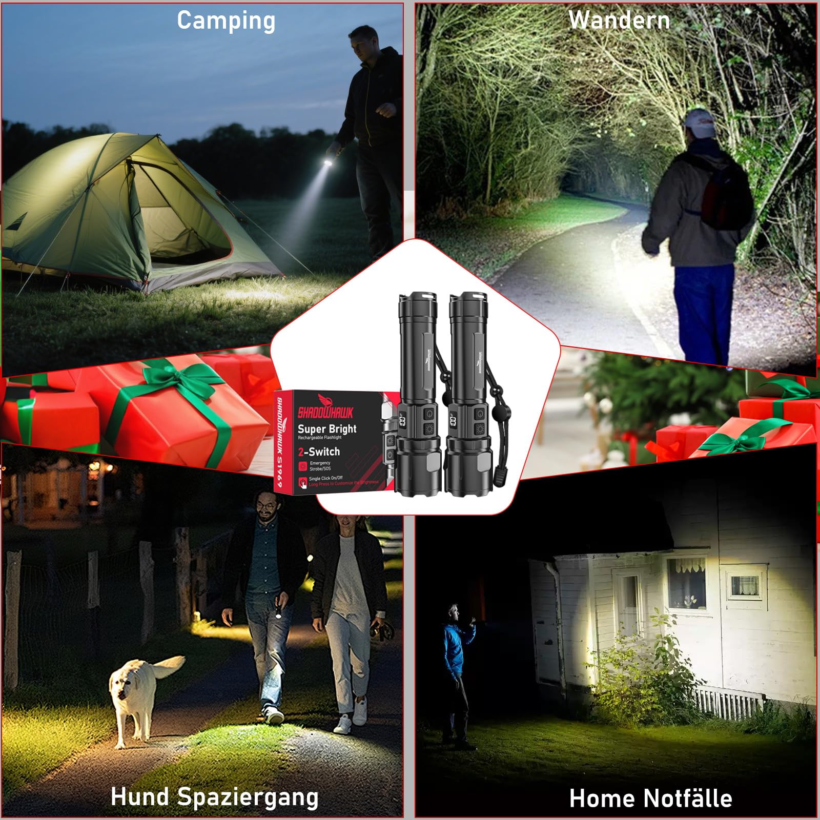 Shadowhawk Taschenlampe Led Aufladbar 2-Stück | Taktische Taschenlampe (2 Schalter) 500000 Lumen Extrem Hell, Bis zu 1000m Reichweite, 12h Laufzeit für Camping/Outdoor/Wandern, Anpassbare Helligkeit