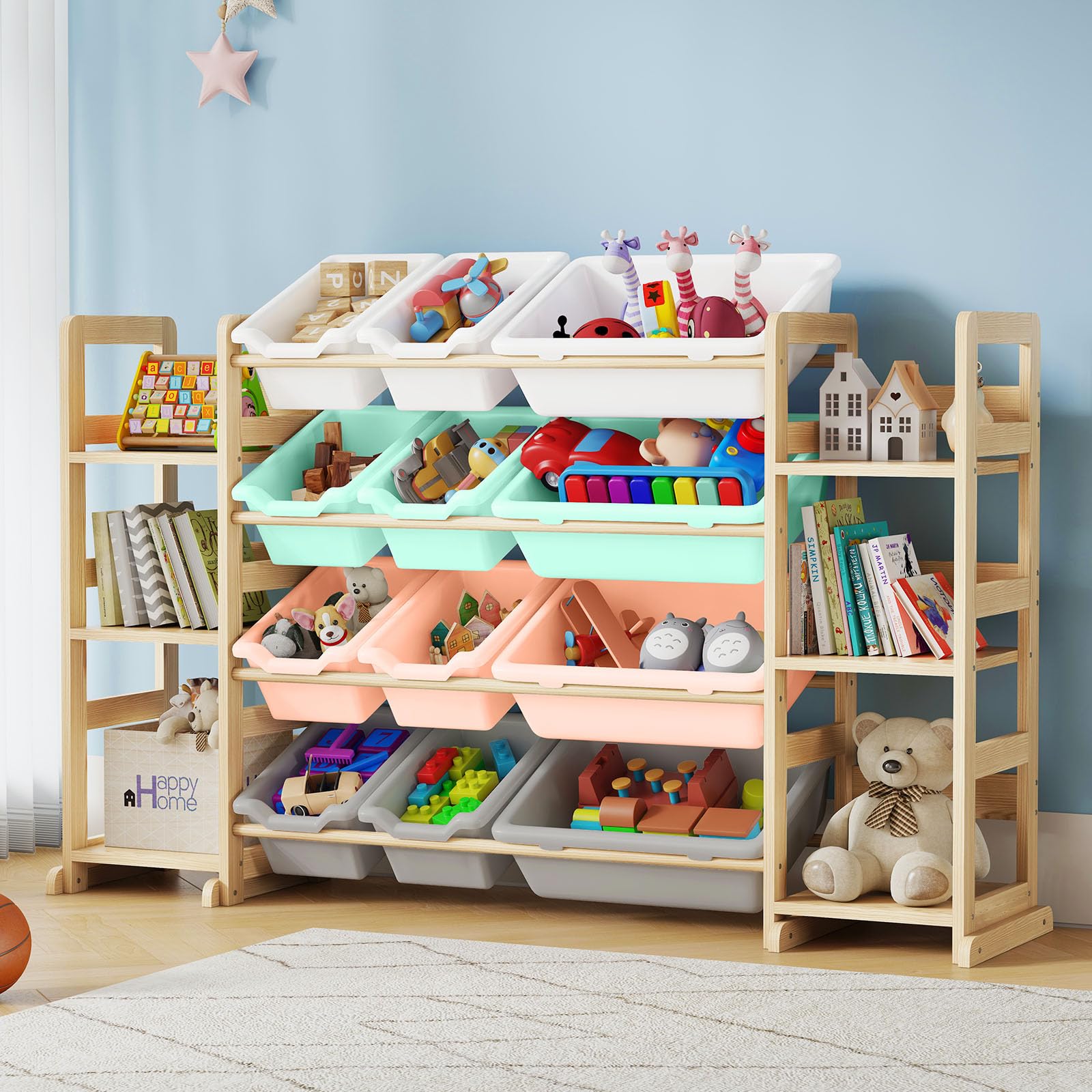 Extra Large Toy Storage - Toy Storage Organizer, Wooden Toy Organizer with 6 Side Shelves and 12 Storage Bins, 3-in-1 Toy Storage and Bookshelf for Kids Rooms, Playroom, Bedroom, Nursery, Multi Color