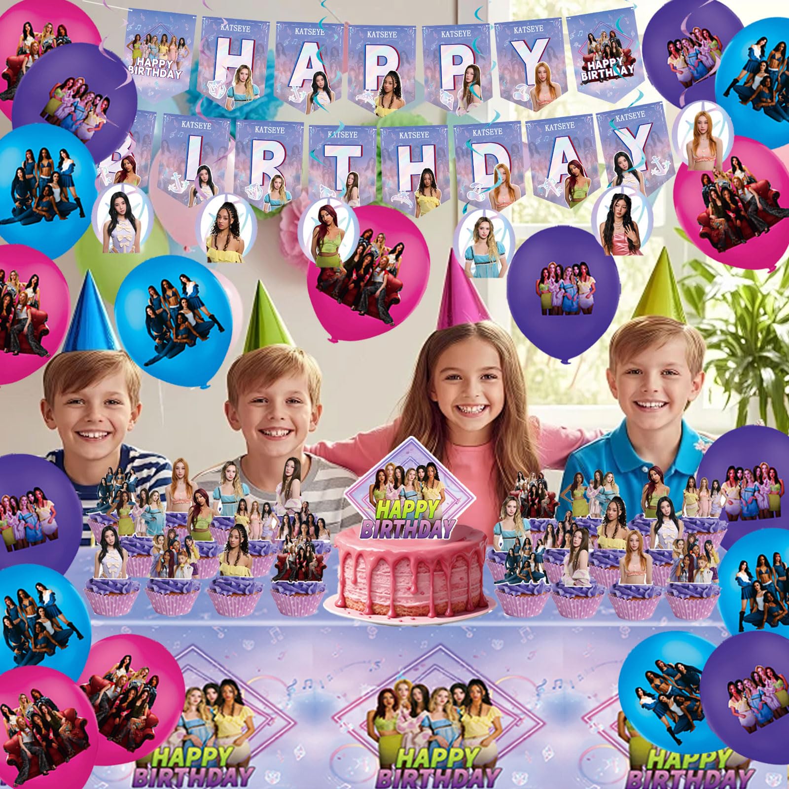 Set di decorazioni per compleanno a tema Katseye da 51 pezzi, Comprensivo di striscione, Decorazioni per torta, Tovaglia, Palloncini, ideale per feste di compleanno di bambini e appassionati