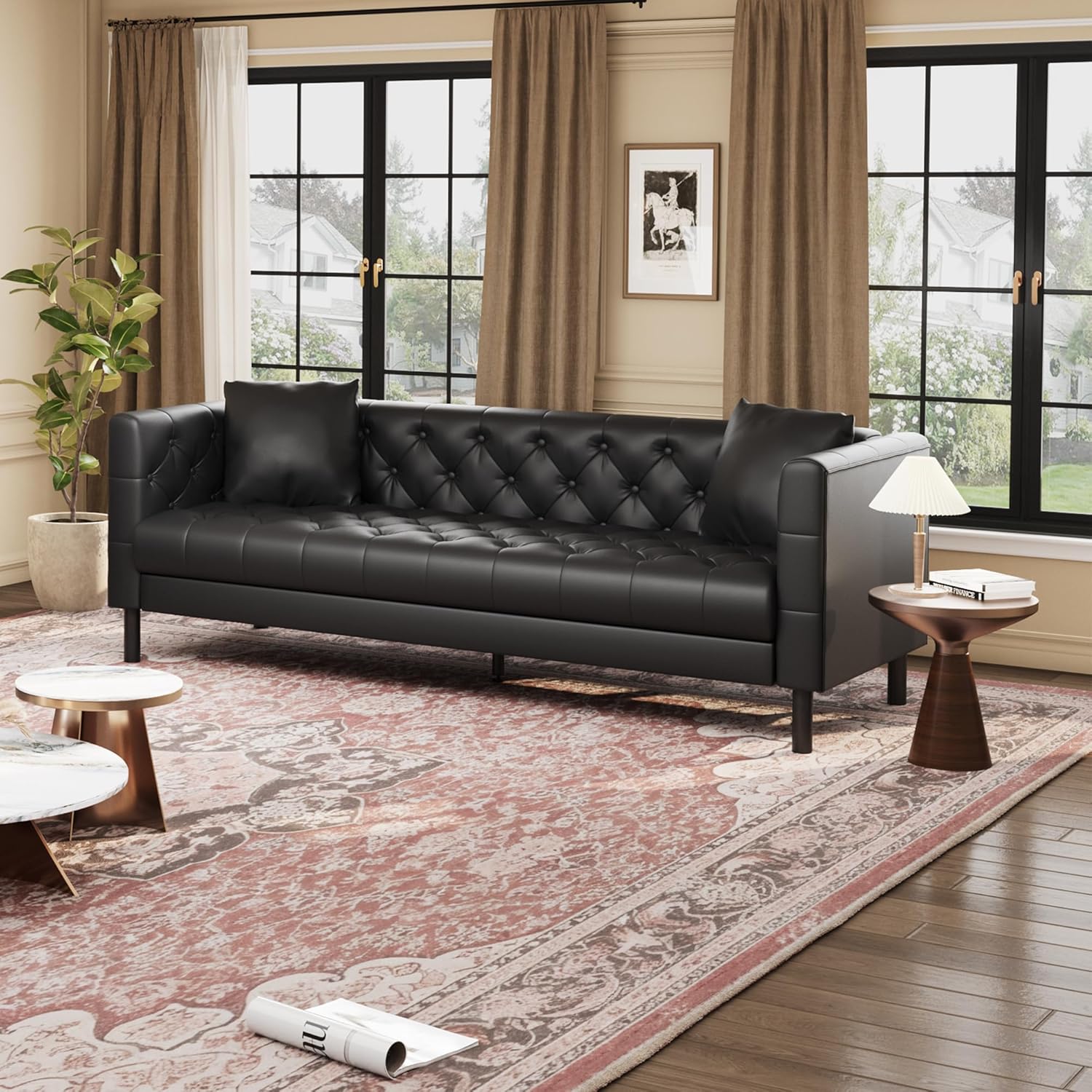 Modern Leather Sofa 81", Chesterfield Style 3 Seater Couch with Deep Seat, Hand-Tufted Button Quilting, Vintage Couch for Living Room, Apartment, Office Vintage Black image 7 of 7 B0GV26D95V