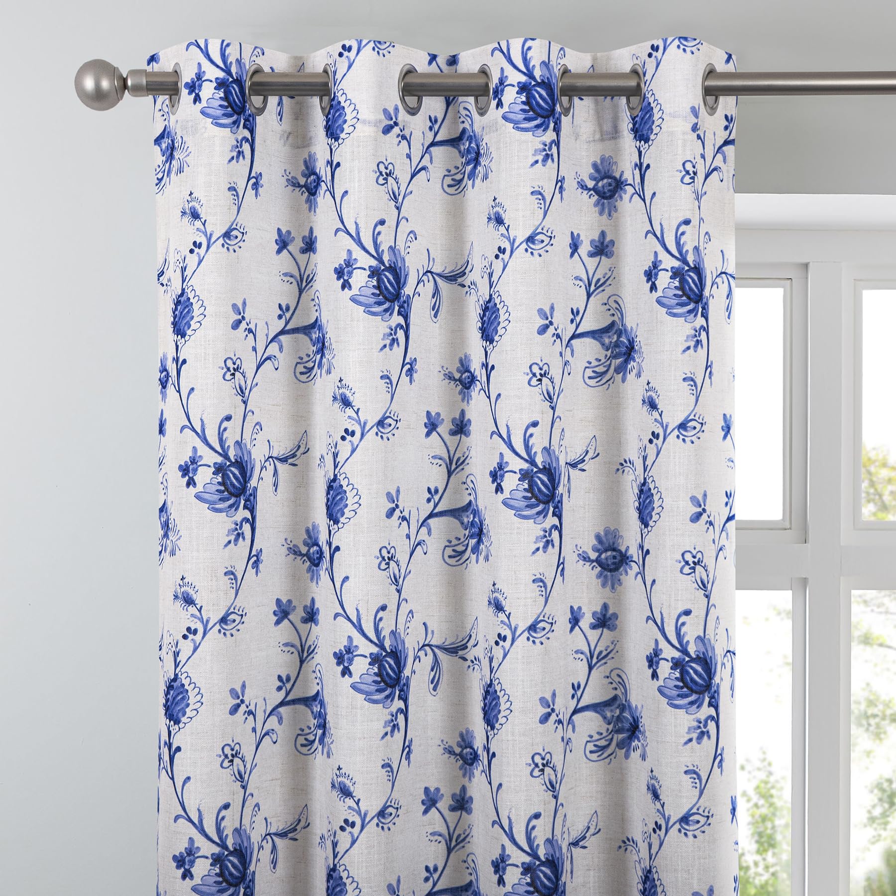 always4u Linen Look Curtains Semi-sheer Eyelet Printed Curtains Navy Blue Floral Window Treatments for Living Room Bedroom Decoration Modern Textured 1 Pair W46 x L54 Inches