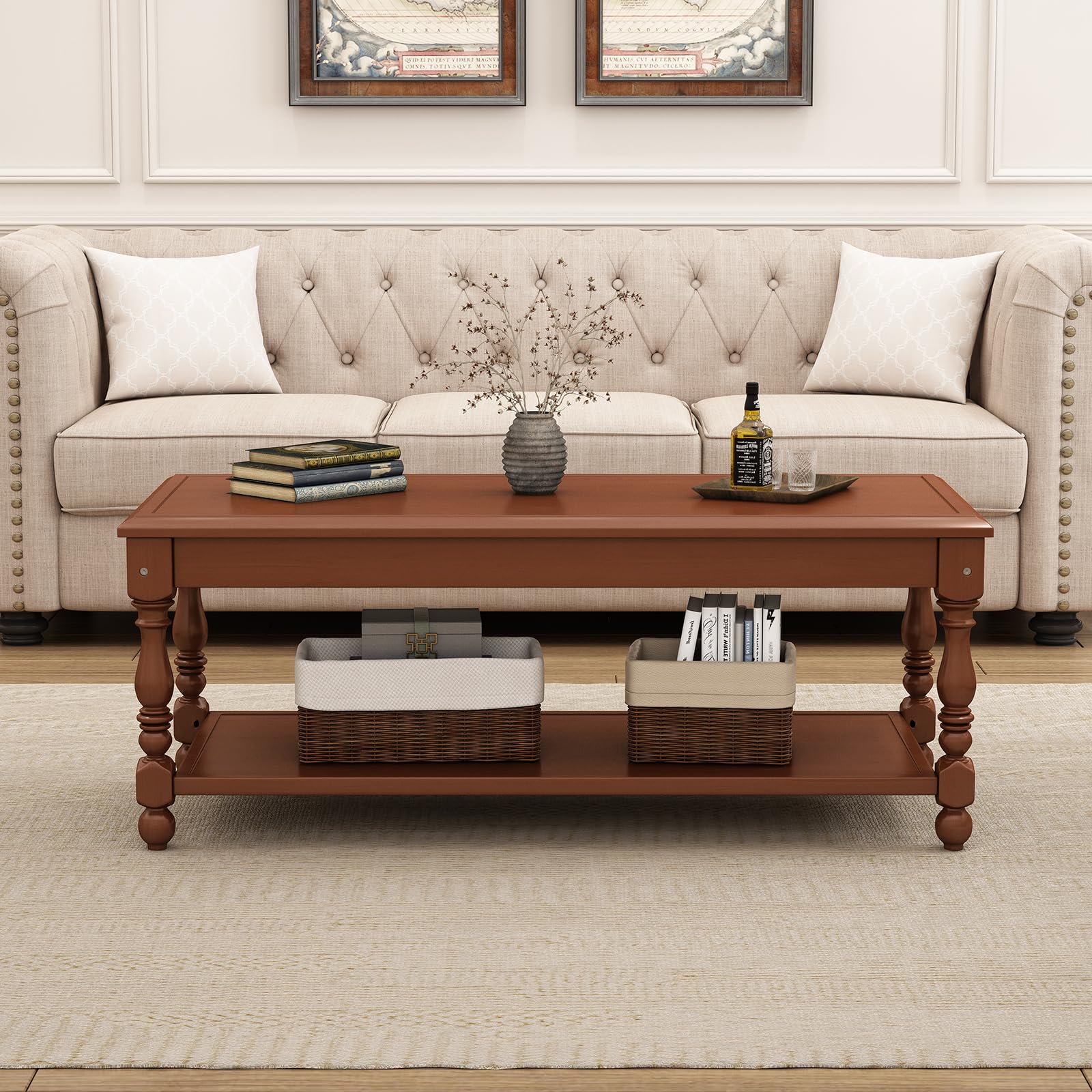 Rectangle Coffee Table Soild Wood 2-Tier Center Table with Storage Shelf for Living Room Classical Legs Easy Assembly