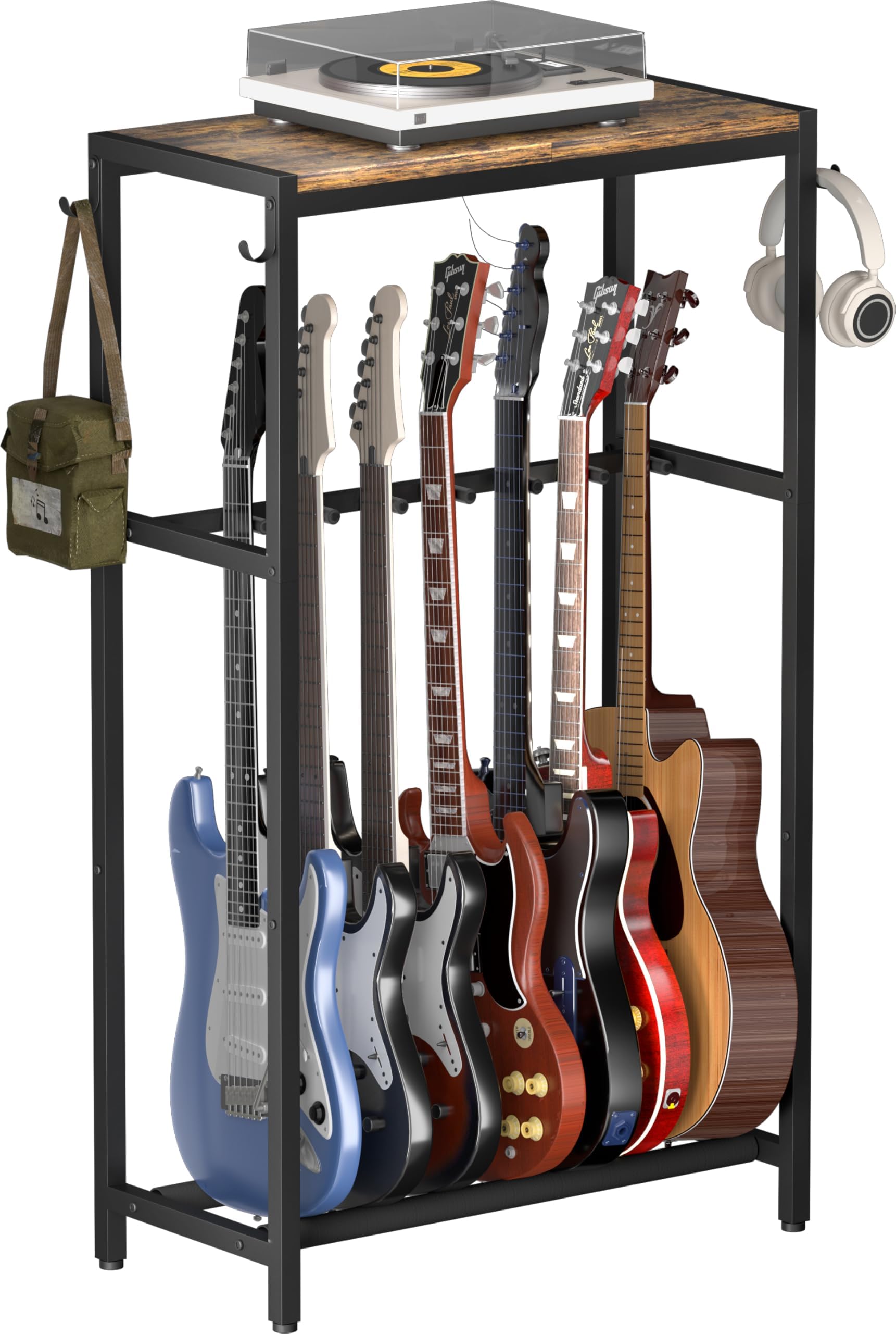 Koutemie - Soporte para guitarra de 7 vías, estante para múltiples guitarras con estante superior de almacenamiento, soporte para guitarra acústica, guitarra eléctrica y bajo, estante de exhibición