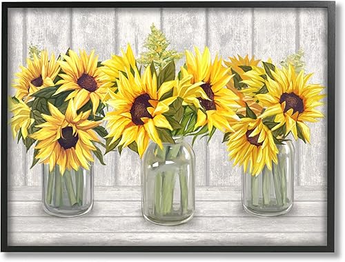 Stupell Industries Tres ramos de girasoles tablones de campo naturaleza muerta enmarcado, arte de pared, diseño de Ziwei Li